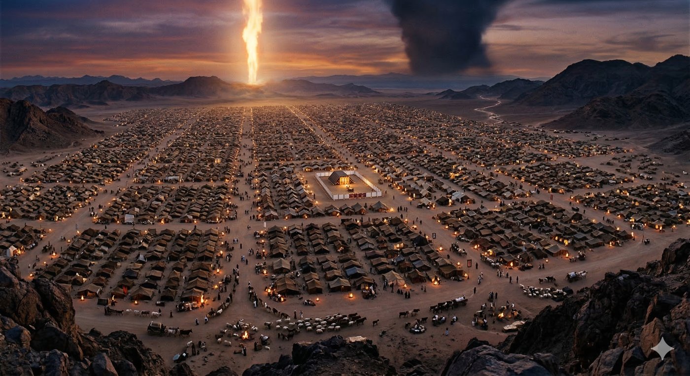 A sweeping, panoramic, extreme wide-angle photograph capturing the staggeringly vast and meticulous campground of the Israelites filling an immense desert valley at twilight, as part of the Miracles of the Exodus. Viewed from a high mountain overlook, hundreds of thousands of meticulously organized tents form a massive, complex urban grid covering the entire valley floor, spanning an area the size of Rhode Island, emphasizing the divine logistics described in the text. Countless tiny human figures and livestock move between the structured blocks, which are subtly marked by tribal banners. In the center-left, the Tabernacle complex is positioned as the heart of the community. A powerful, towering pillar of supernatural fire glows as a beacon in the dusk, connecting to the twilight heavens, while the other pillar (Pillar of Cloud) is a massive, dark shape merging with the darkness. The entire camp is illuminated by thousands of small cooking fires and oil lamps, defined across the desolate landscape by the surrounding rugged mountains. The image conveys a profound sense of scale and precision, illuminated by both earthly and heavenly light