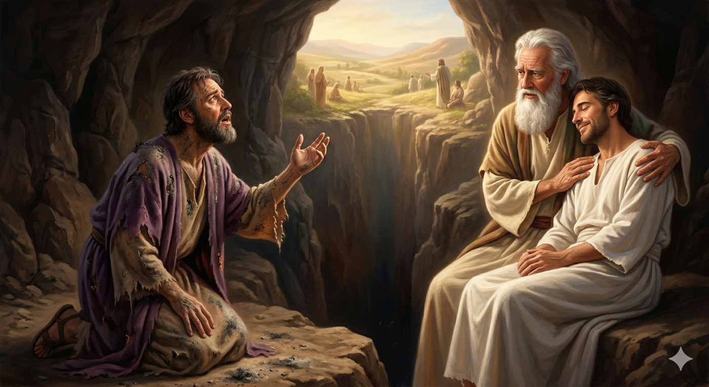 A classical oil painting illustrating the parable of the Rich Man and Lazarus from Luke 16. On the left, the rich man, in tattered purple robes, kneels and looks upward with a sorrowful and pleading expression from a dark, arid realm of Hades. Across a wide, unbridgeable chasm, the elderly and benevolent Abraham, depicted on the right with a flowing white beard and luminous robes, holds the peaceful Lazarus, whose face reflects tranquility and rest. The bright heavenly realm, visible beyond Abraham, is characterized by soft light and figures of the redeemed.