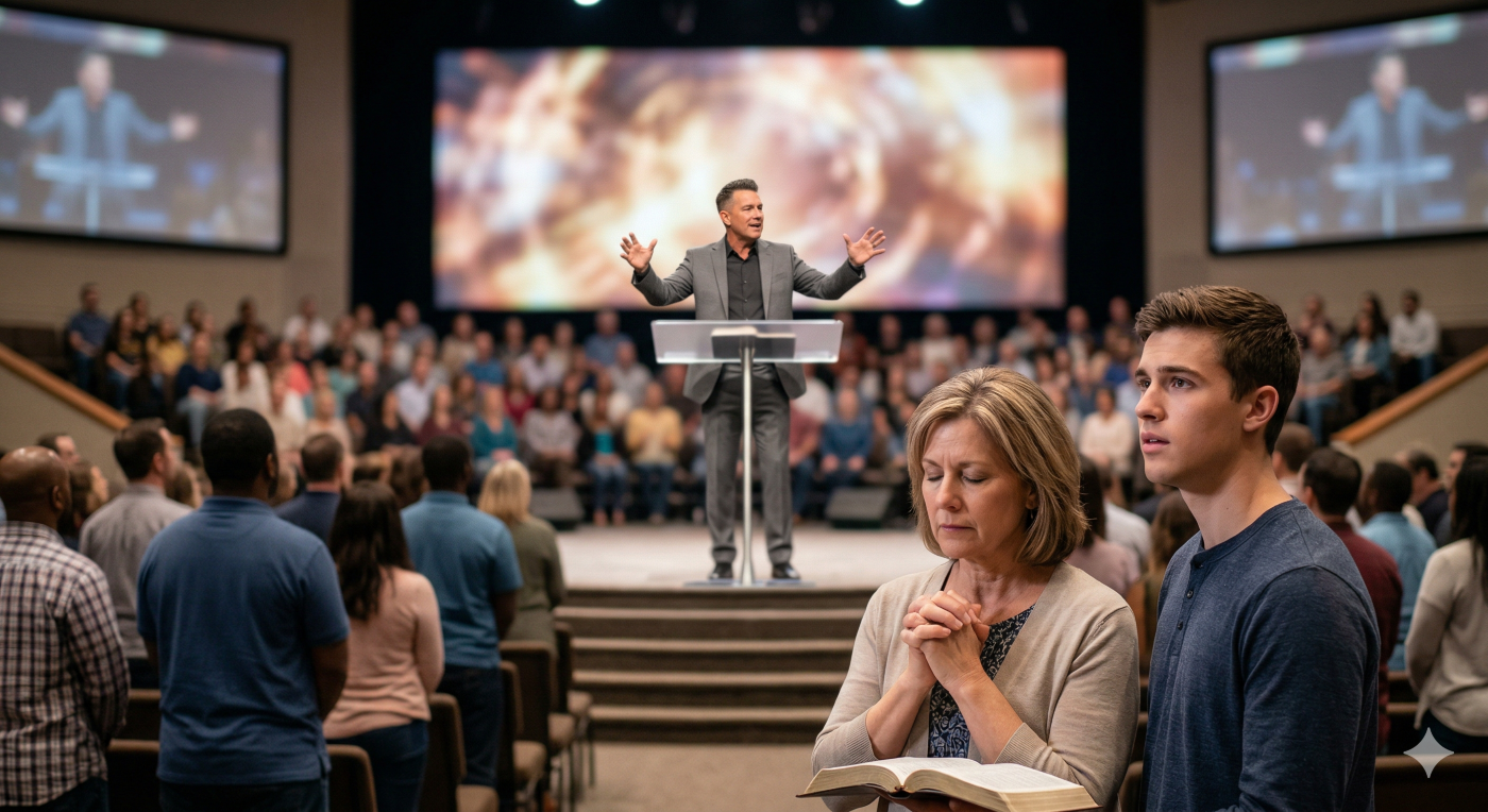 A dramatic scene in a modern church where a charismatic preacher on stage is surrounded by intense, swirling light displays, while in the foreground, a young man looks on with a focused, discerning expression and a woman holds an open Bible in prayer, illustrating the need for scriptural discernment in an age of signs and wonders.
