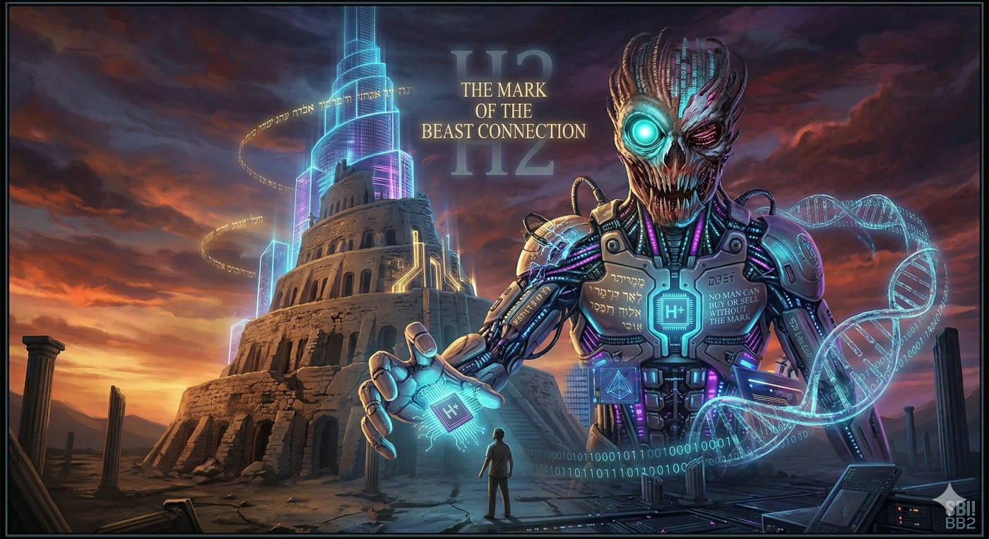 A terrifying digital illustration connecting transhumanism and the bible, depicting a massive H+ bio-synthetic entity dominating an ancient landscape, its arm extending to press a glowing cybernetic mark into a human's forehead. The visualization integrates modern neural-link technology with the ancient Tower of Babel system, symbolizing the inevitable convergence into the Mark of the Beast trap predicted in Revelation 13.