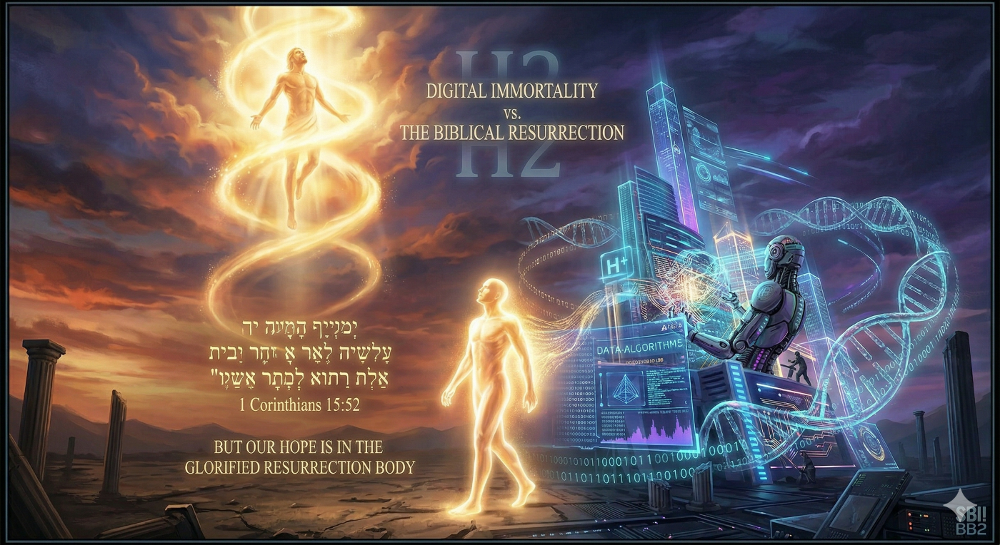 A dramatic digital illustration connecting transhumanism and the bible, depicting a large, pure human figure rejecting a cold, sterile holographic 'mind uploading' interface on the left and instead ascending toward a warm, glorious resurrection body in the clouds above. The visual embodies the profound spiritual choice between digital immortality and the promise of the Biblical Resurrection.