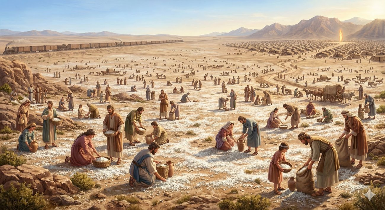 An epic desert landscape illustrating the Daily Manna as part of the Miracles of the Exodus. Countless Israelites are spread across a vast plain, gathering the small, white, glistening flakes covering the ground like frost. The scene stretches to a massive, sprawling camp of hundreds of thousands of tents. On the distant horizon, two mile-long freight trains (a modern comparison mentioned in the text) can be seen, emphasizing the enormous scale of food provided supernaturally every morning.