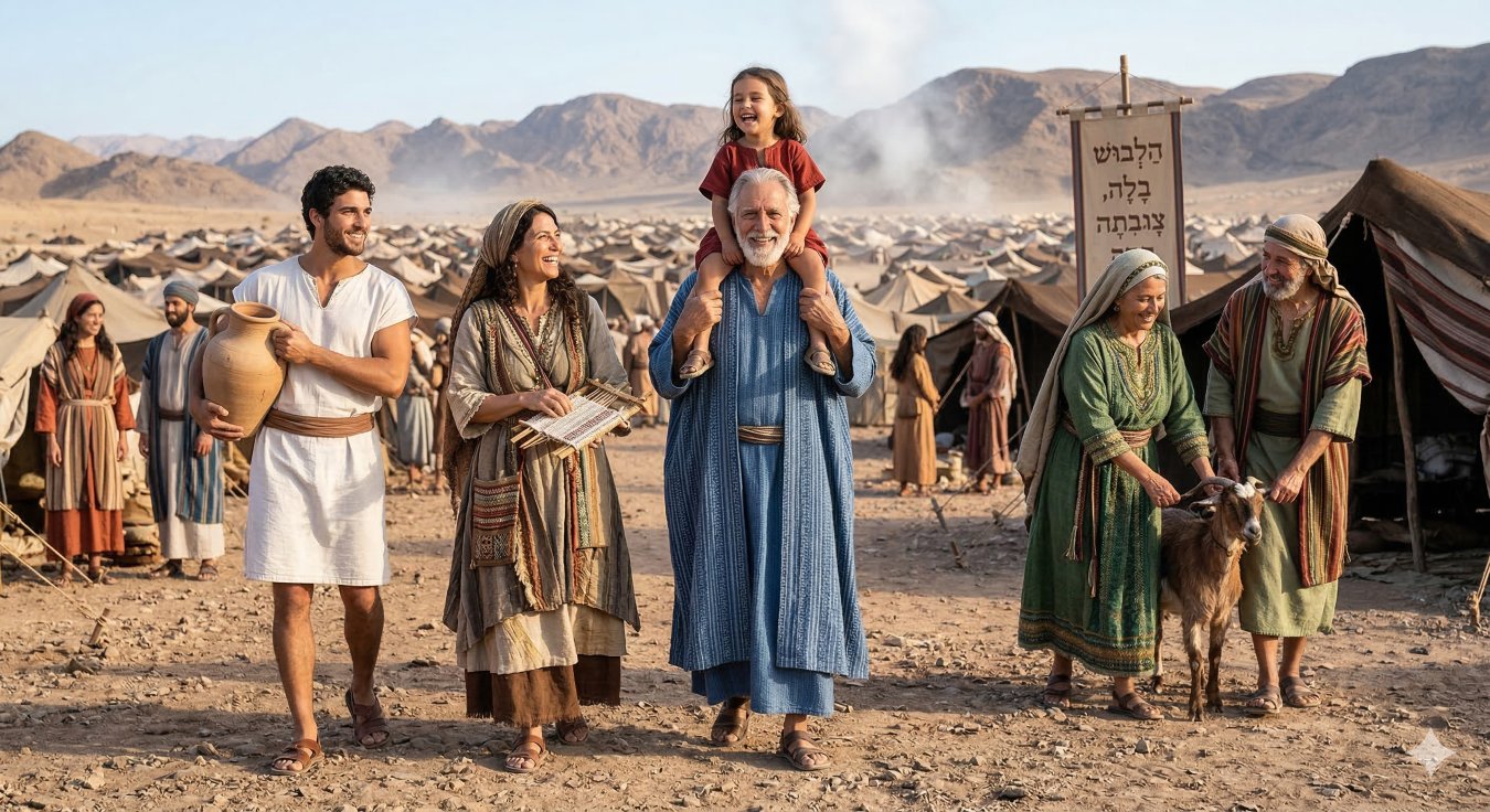 A documentary-style group photograph captured in soft, golden hour desert sunlight, focusing on a vibrant, healthy cross-section of three generations of Israelites within the edge of their vast encampment, as part of the Miracles of the Exodus. The image centers on five primary figures on rugged, well-trodden ground. All five individuals are full of life, energy, and robust health, with radiant skin and joyful expressions, showing zero physical fatigue despite years in the desert. Their diverse, multi-colored garments (tunics, robes, shawls) are immaculate, looking clean, precisely tailored, and incredibly durable, displaying intricate patterns and a complete absence of wear, tear, or fraying; their strong leather sandals show no damage. In the center, a 70-year-old grandfather with strong posture smiles broadly, his flowing patterned blue robe pristine, as he supports a laughing 4-year-old girl in an immaculate red tunic on his shoulders. A banner on a nearby tent pole displays stylized Hebrew text ('Clothing did not wear out, foot did not swell'). Behind them, the massive Israelite camp of countless tents stretches to the base of rugged desert mountains under a clear sky, illuminated by both earthly and heavenly light. The photograph has a high-resolution, candid feel, emphasizing the vitality of the people and the perfection of their attire