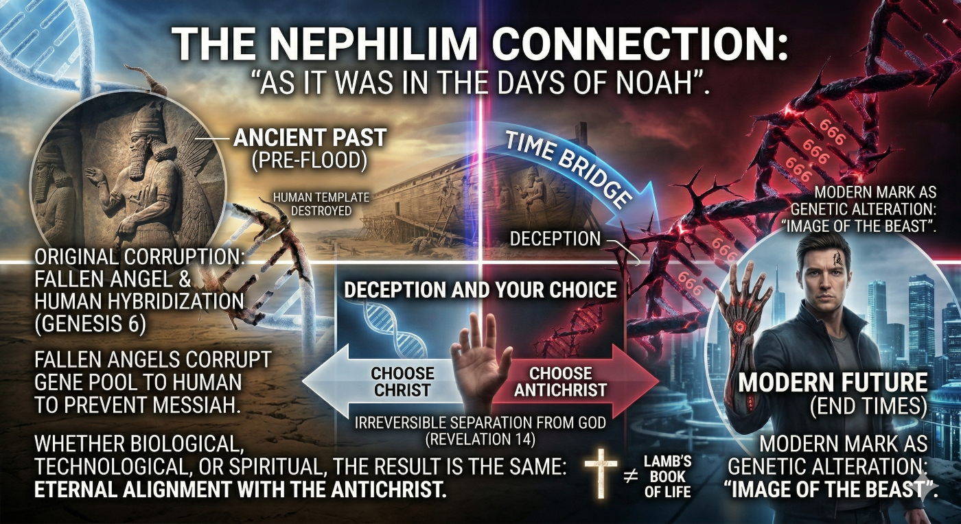 A vertical infographic illustrating 'THE NEPHILIM CONNECTION: "AS IT WAS IN THE DAYS OF NOAH".' The composition contrasts an archaic landscape on the left with a futuristic city on the right, under conflicting celestial blue/gold and apocalyptic crimson/obsidian light. On the left, 'PRE-FLOOD: ANCIENT CORRUPTION' features stone reliefs of massive Nephilim from image_2.png and image_4.png and a fragmented relief of Noah's Ark, with text about 'FALLEN ANGELS CORRUPT GENE POOL TO PREVENT MESSIAH' and a broken, clean blue DNA helix. On the right, 'END TIMES: MODERN RE-CORRUPTION' shows a modern human figure with an augmented arm (from image_0.png) standing by a high-tech cityscape, with text about 'MODERN MARK AS GENETIC ALTERATION: "IMAGE OF THE BEAST".' Microscopic overlays show the branching, thorn-like geometric pattern and '666' sequences in the crimson DNA helix from image_0.png. A central 'DECEPTION AND YOUR CHOICE' chart (referencing image_0.png) shows a hand poised between 'CHOOSE CHRIST' and 'CHOOSE ANTICHRIST,' and text below reads: 'WHETHER BIOLOGICAL, TECHNOLOGICAL, OR SPIRITUAL, THE RESULT IS THE SAME: ETERNAL ALIGNMENT WITH THE ANTICHRIST.' A small cross and 'LAMB'S BOOK OF LIFE' symbol are shown for contrast.