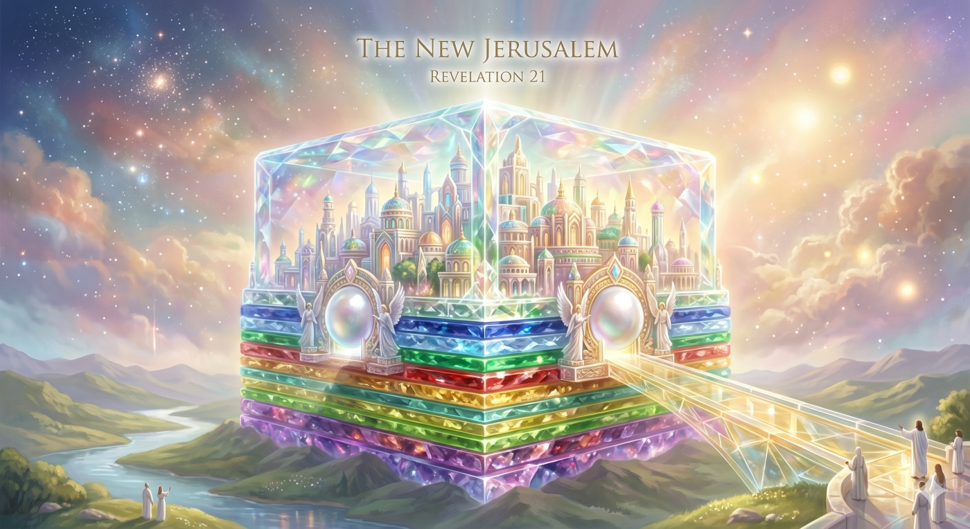 A detailed biblical depiction of what heaven is like, showcasing the New Jerusalem as a massive, glowing city with foundational layers made of colorful precious stones and streets of transparent gold.