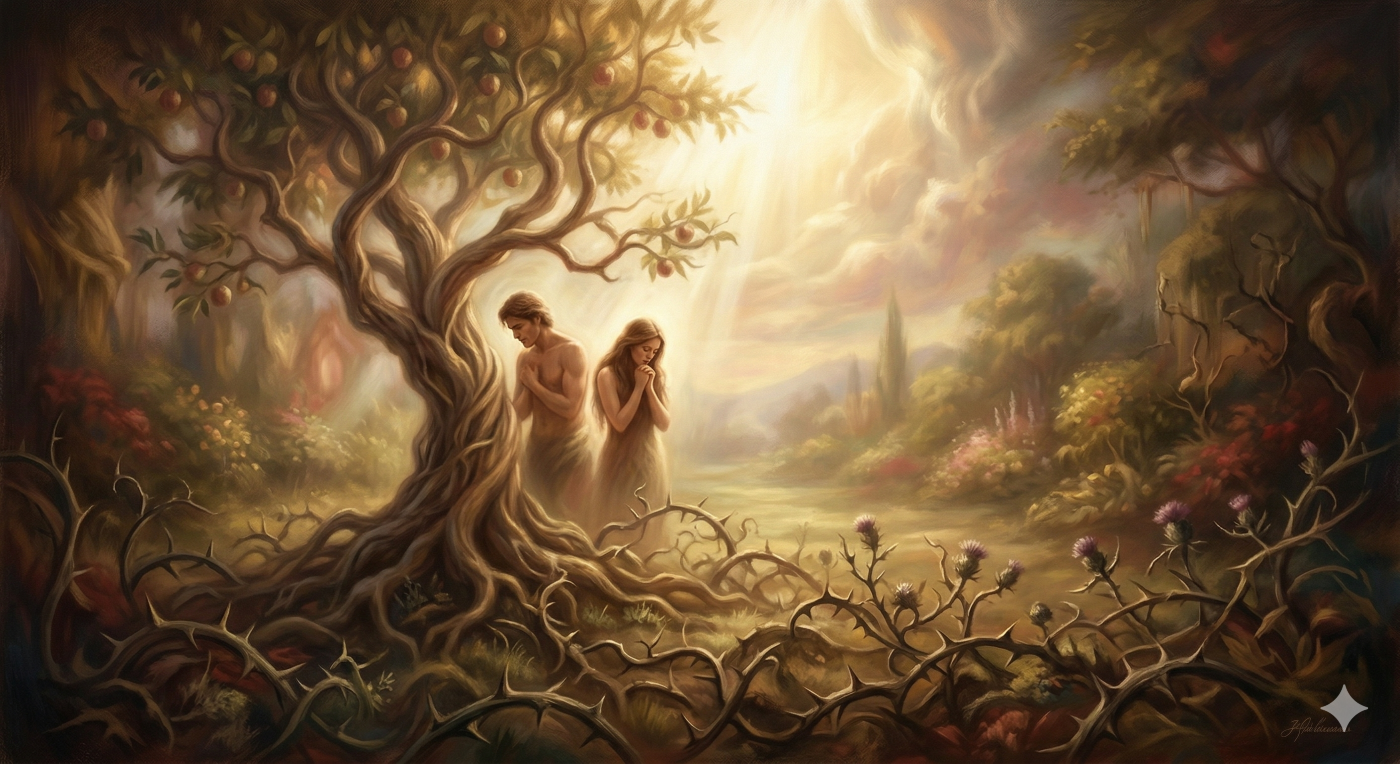 A soft-focus, symbolic painting depicting the Garden of Eden: Adam and Eve stand near a gnarled Tree of the Knowledge of Good and Evil, as the divine light of God's presence retreats, illustrating the origin of the spiritual curse and the beginning of the journey towards separation from God.