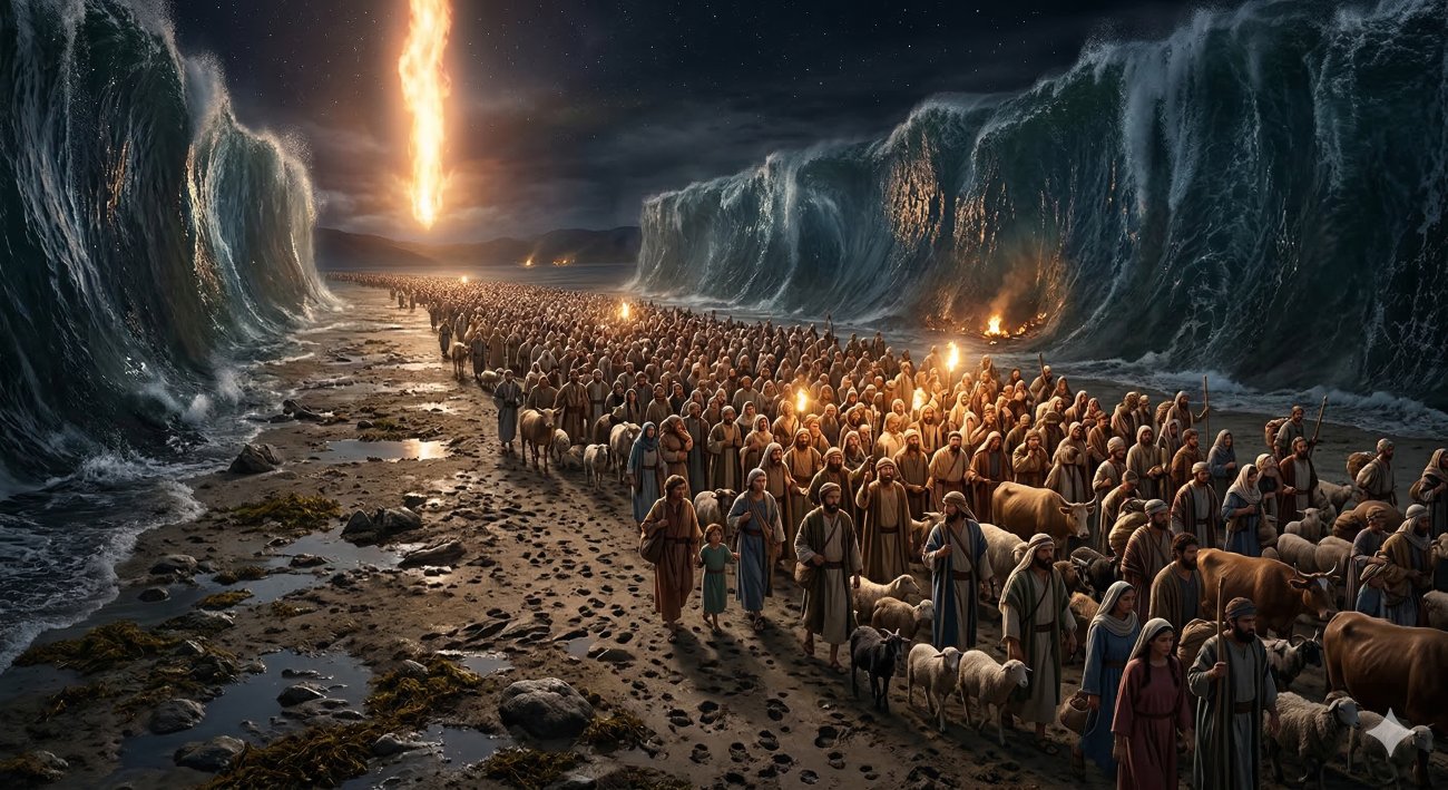 A wide-angle cinematic view of the Miracles of the Exodus showing thousands of Israelites walking abreast on dry land through the parted Red Sea, flanked by towering walls of water under a night sky with a pillar of fire
