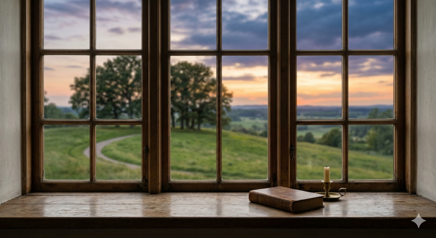 A soft-focus, contemplative view from inside a quiet living room, looking out a window at a serene sunset landscape, symbolizing memory and the transition of life.
