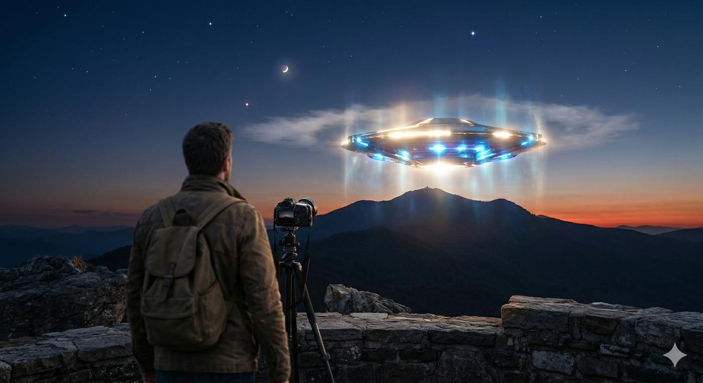 Wide shot of a massive, glowing, multi-colored UFO (Unidentified Aerial Phenomenon) hovering over a mountainous landscape at twilight. A solitary observer stands on a rocky overlook with a camera on a tripod, looking up at the anomalous craft against a starry sky. This image contrasts a modern technological 'alien' manifestation against the natural 'unseen world,' as a biblical perspective on modern alien deception explained.