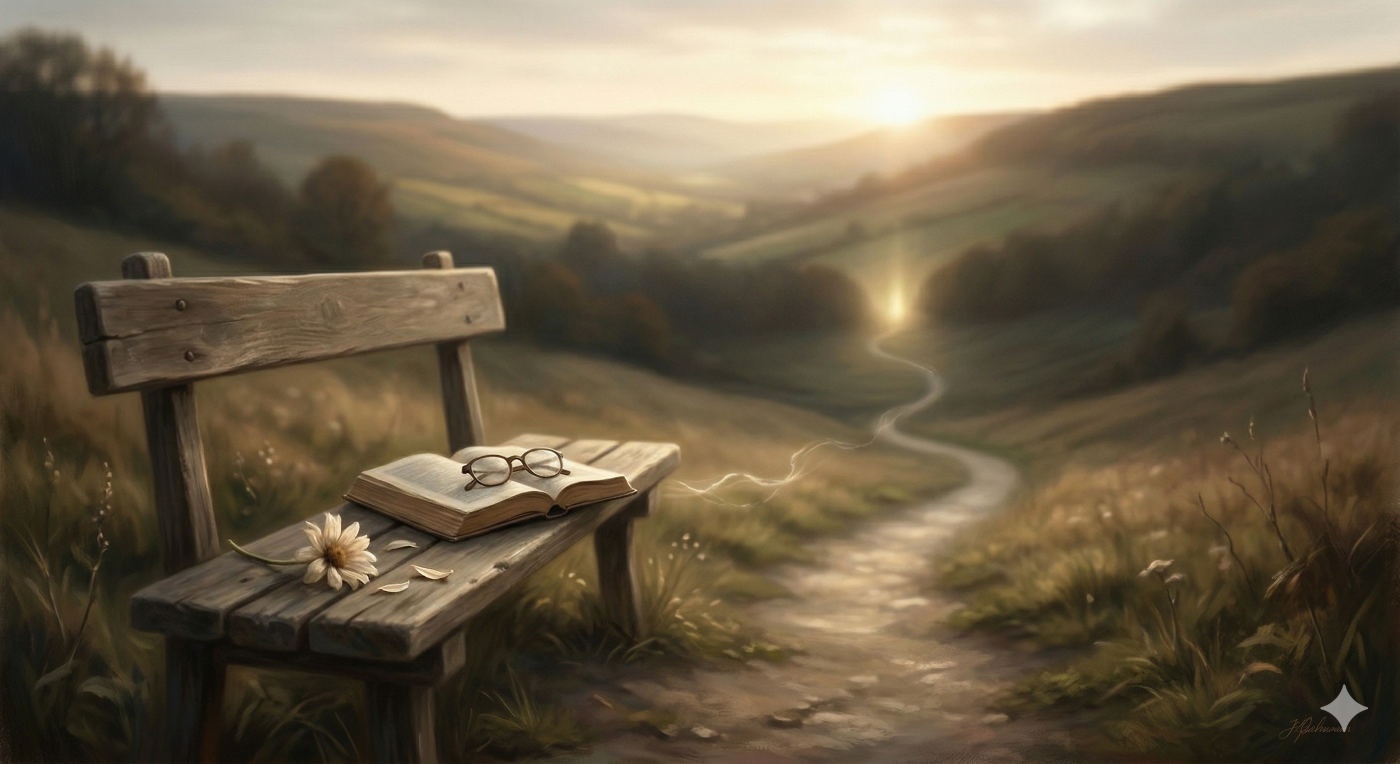 A soft-focus, symbolic painting illustrating the duality of death: the foreground shows symbols of physical life (a worn book and spectacles) returning to dust, while a path in the background winds into shadow, representing the spiritual separation from God, but with a faint, hopeful light on the horizon.