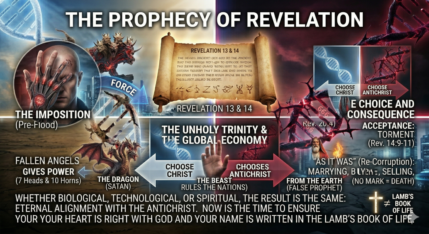 A vertical infographic illustrating 'THE PROPHECY OF REVELATION' and its global impact. At the top, a glowing ancient scroll labeled 'REVELATION 13 & 14' transitions into flow charts and vignettes against a cracked, stormy background. On the left, 'ANCIENT OBSCURITY' shows a fragmented Noah's Ark from image_6.png and ancient Nephilim stone reliefs from image_2.png and image_4.png under celestial light, labeled 'IGNORANCE LEADS TO FLOOD'. On the right, 'END TIMES: MODERN RE-CORRUPTION' depicts a high-tech city and people with subtle '666' branding and augmented limbs (from image_0.png) under apocalyptic crimson light, labeled 'ACCEPTANCE LEADS TO TORMENT'. A central split-scene shows a human right hand and forehead reaching towards the multiple Beasts from image_4.png, with microscopic overlays of corrupted DNA from image_0.png. Flow chart branches link 'THE DRAGON (SATAN)', 'THE BEAST FROM THE SEA (ANTICHRIST)', 'THE BEAST FROM THE EARTH (FALSE PROPHET)', and 'THE GLOBAL ECONOMY' (BUY/SELL), concluding with an irreversible split: 'CHOOSE CHRIST: (Rev. 20:4) ETERNAL REIGN' and 'CHOOSE ANTICHRIST: (Rev. 14:9-11) ETERNAL DESTRUCTION'. Text at the bottom includes: 'WHETHER BIOLOGICAL, TECHNOLOGICAL, OR SPIRITUAL, THE RESULT IS THE SAME: ETERNAL ALIGNMENT WITH THE ANTICHRIST. NOW IS THE TIME TO ENSURE YOUR HEART IS RIGHT WITH GOD AND YOUR NAME IS WRITTEN IN THE LAMB’S BOOK OF LIFE.' with a small cross and 'LAMB'S BOOK OF LIFE' symbol (from image_6.png).
