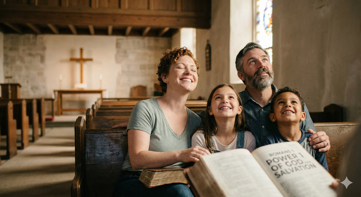 A joyful family of four sitting together in a simple church pew, looking upward with expressions of awe and peace. The mother holds a worn Bible, and a blurred page in the foreground highlights the words "POWER OF GOD... SALVATION," illustrating the sufficiency of the Word of God and the ultimate miracle of a transformed heart.