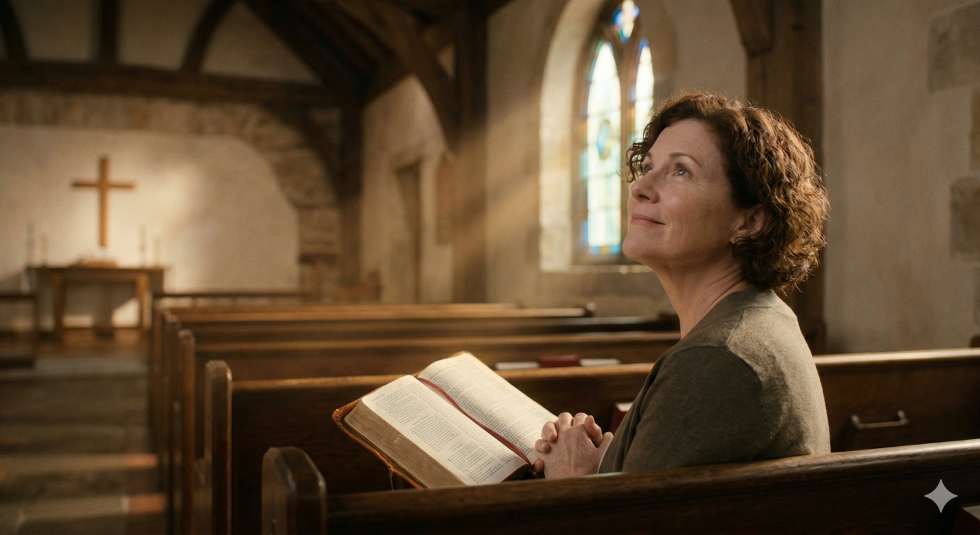 A serene woman sitting in a peaceful, traditional church pew, holding an open Bible with her hands clasped in prayer, looking upward with a smile of quiet confidence as soft light streams through a window, illustrating faith that rests in the Savior rather than seeking a sign.