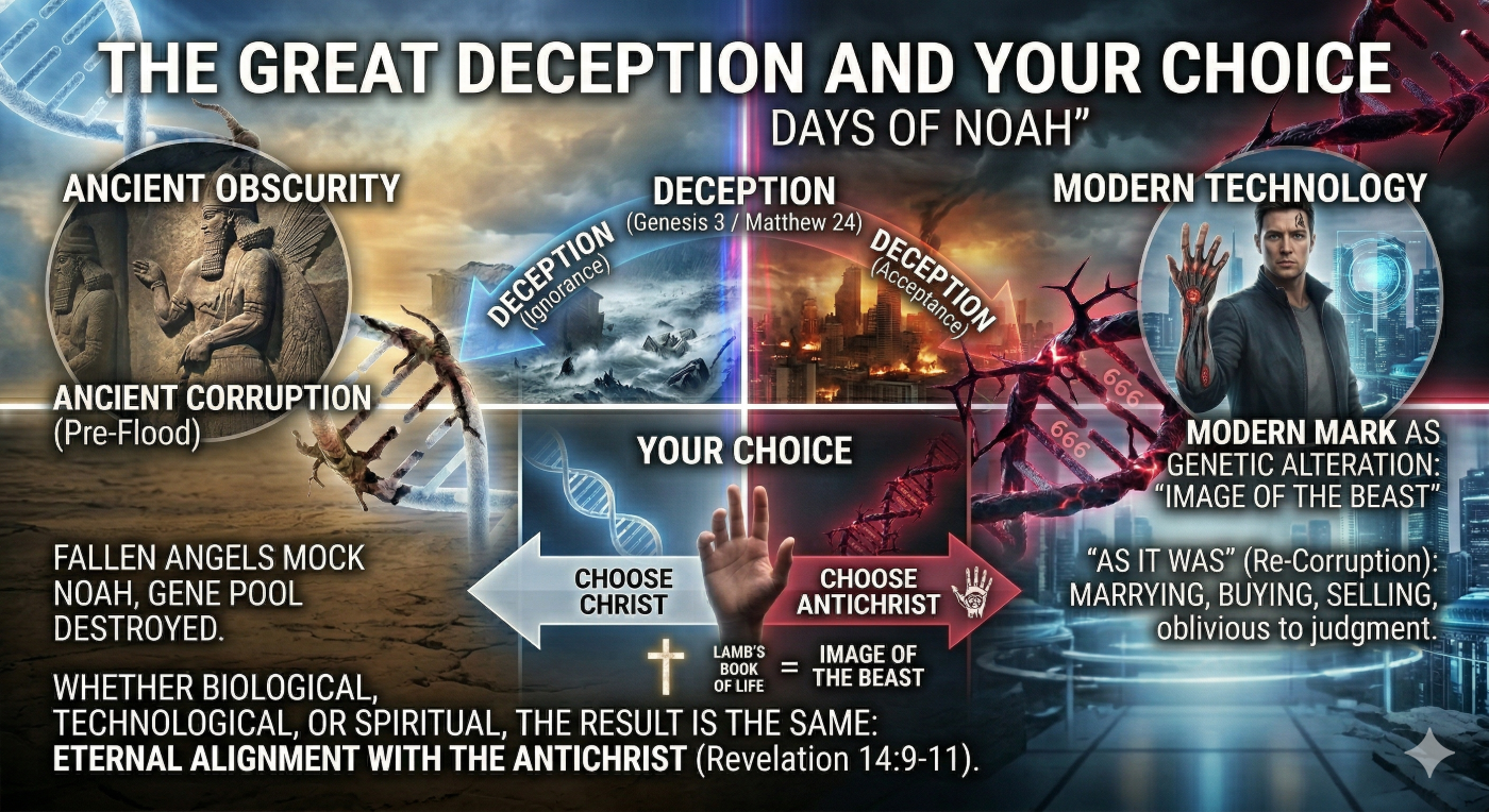A vertical infographic illustrating 'THE GREAT DECEPTION AND YOUR CHOICE'. The composition uses a split-scene background, transitioning from an ancient stone-relief environment on the left (referencing image_2.png and image_4.png) to a futuristic high-tech city on the right (from image_0.png and image_4.png), under opposing celestial blue/gold and apocalyptic crimson/obsidian light. On the left, 'ANCIENT CORRUPTION (Pre-Flood)' vignettes show a fragmented Noah's Ark (from image_6.png) and massive Nephilim stone figures from image_2.png and image_4.png, with text about 'FALLEN ANGELS CORRUPT GENE POOL TO PREVENT MESSIAH' and an arrow labeled 'DECEPTION (Ignorance)' pointing to a chaotic flood. On the right, 'END TIMES: MODERN RE-CORRUPTION' shows a human figure with an augmented hand and subtle '666' branding (from image_0.png) standing by a futuristic cityscape, with text about 'MODERN MARK AS GENETIC ALTERATION: "IMAGE OF THE BEAST",' micro-overlays showing the branching '666' sequences in the corrupted crimson DNA from image_0.png, and an arrow labeled 'DECEPTION (Acceptance)' pointing to an apocalyptic burning city. A central 'YOUR CHOICE' chart (referencing image_0.png and image_6.png) shows a hand poised between 'CHOOSE CHRIST' and 'CHOOSE ANTICHRIST,' with text below: 'WHETHER BIOLOGICAL, TECHNOLOGICAL, OR SPIRITUAL, THE RESULT IS THE SAME: ETERNAL ALIGNMENT WITH THE ANTICHRIST (Revelation 14:9-11).' A small cross and 'LAMB'S BOOK OF LIFE' symbol (from image_6.png) are shown for contrast.