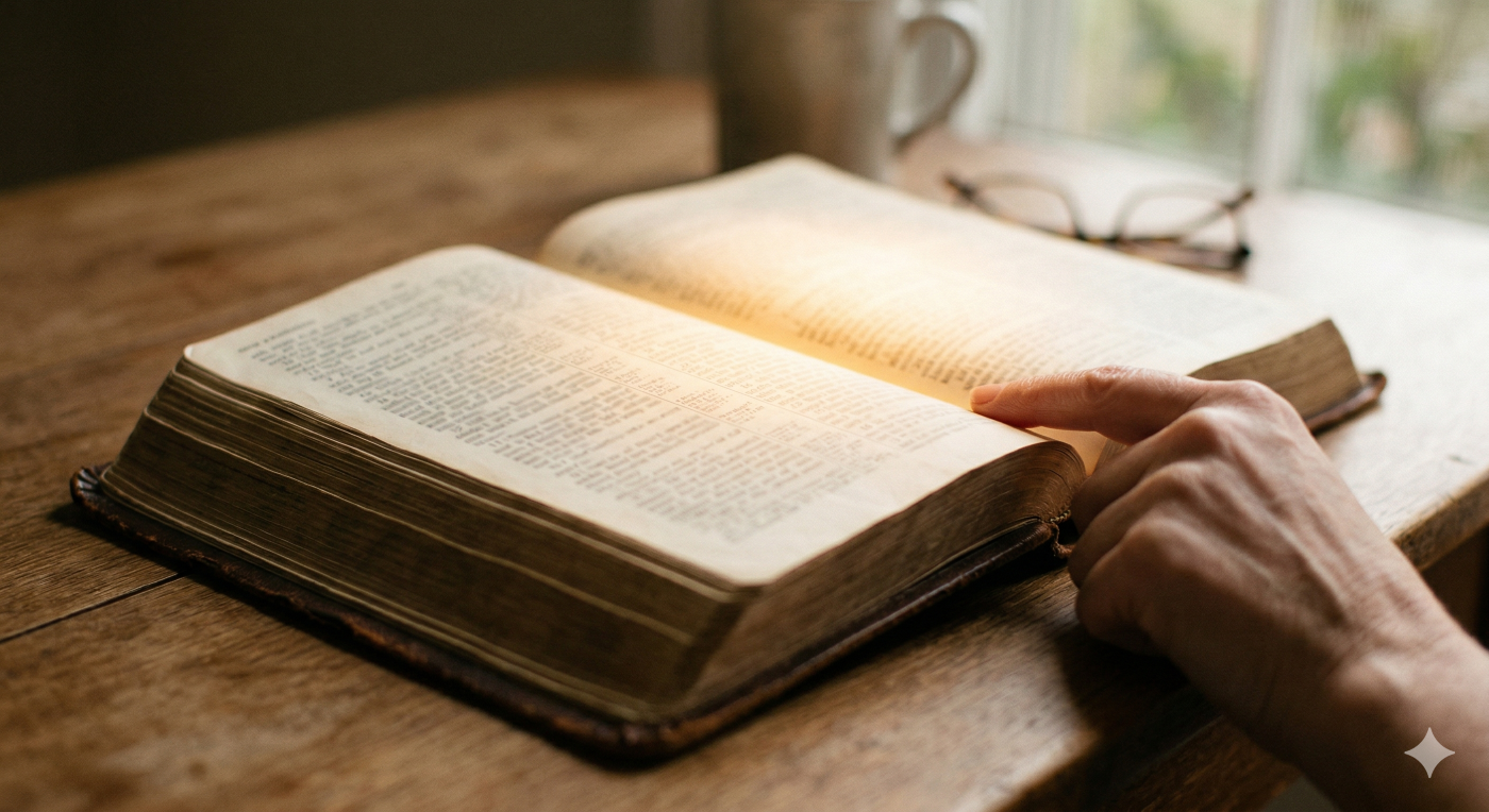 A close-up photograph focusing on an open, weathered Bible resting on a simple wooden table, with the soft, golden light of morning filtering in and illuminating a section of the aged, text-filled pages, while a woman’s hand, slightly blurred, points to a specific verse.