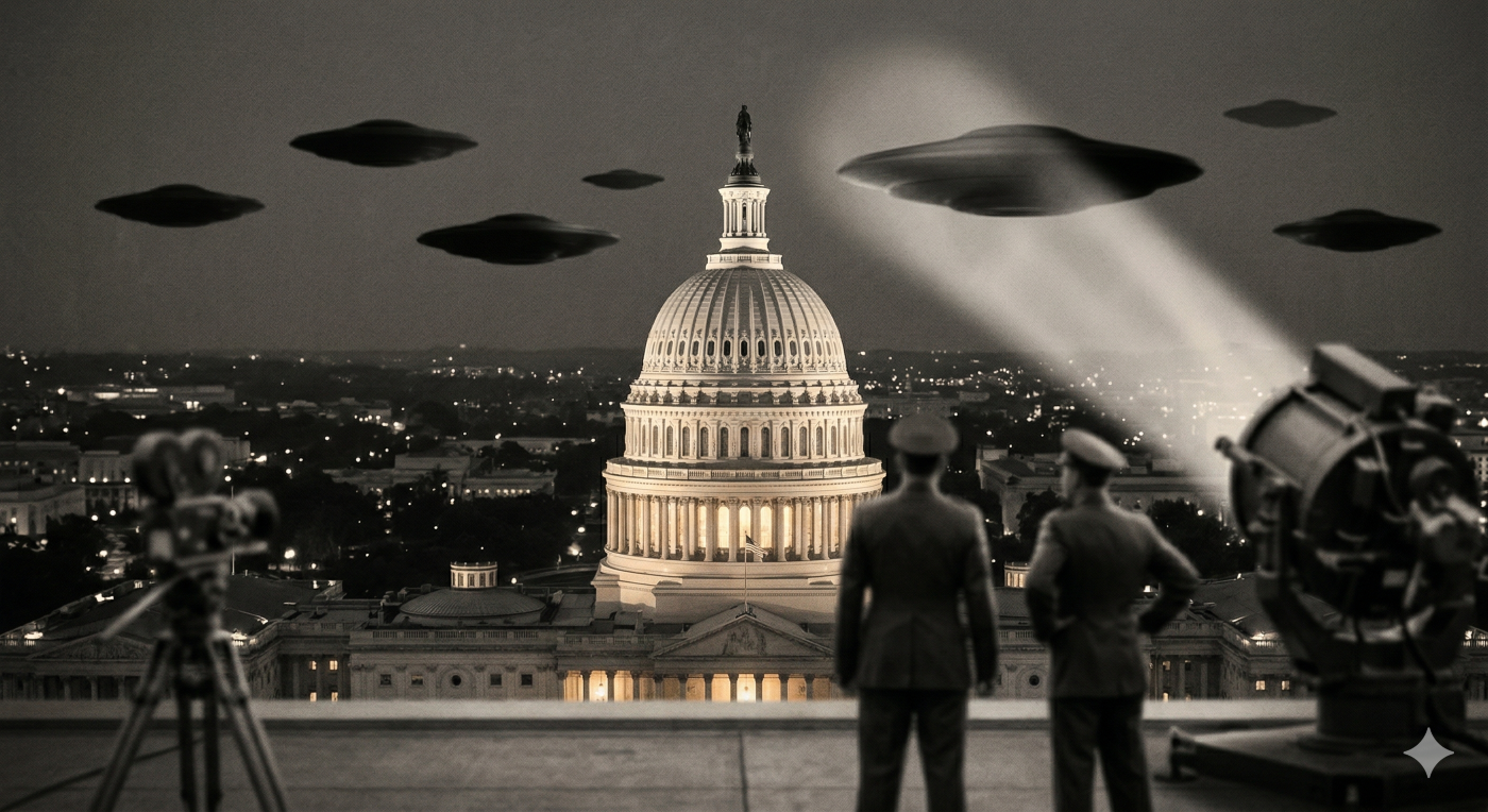 Black and white, high-grain vintage photograph with a subtle sepia tone, captured simulating vintage 1952 film stock. The scene is an aerial view looking down onto the illuminated dome of the U.S. Capitol building in Washington D.C. at night. A large, complex anti-aircraft searchlight beam, slightly out of focus, sweeps across the sky. Dark, indistinct, and unlit discoid objects, contrasting sharply with the city lights and searchlight, move in a seemingly organized, yet ghostly formation above the Capitol. Their forms are similar to the crafts seen in image_0.png and image_2.png, but completely dark, radiating no light. In the foreground, slightly lower than the Capitol dome, three blurry human figures—military observers in classic 1950s uniforms, their faces in shadow—stand on a rooftop platform, their backs to the camera, looking up in awe and apprehension. A blurred 1950s-era camera on a sturdy tripod is visible in the corner of the platform. The atmosphere is one of mysterious tension, scale, and historical significance, capturing the collision between governmental authority and an unseen, deceptive power, as a biblical perspective on modern alien deception explained.