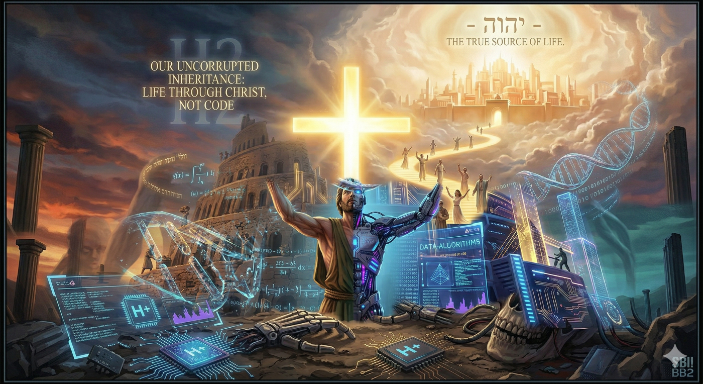 A symbolic digital illustration representing the conclusion of transhumanism and the bible, showing the ruins of a technological Tower of Babel and discarded H+ cybernetic components in the foreground. In the background, a path of light leads toward a glorious, heavenly city, symbolizing that true eternal life comes through Christ rather than human code or digital "upgrades."