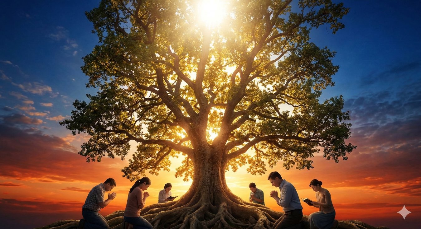 Six people kneeling in prayer and reading books under a massive, glowing oak tree at sunset.