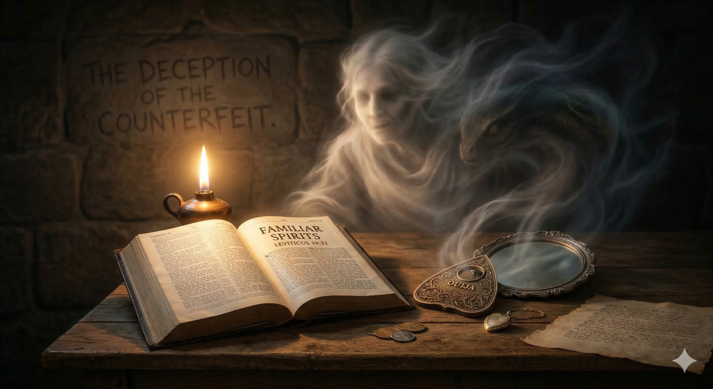 A shadowy spirit entity with a sinister, multi-faced inner core materializes above an antique Ouija board on a candlelit table. An open Holy Bible in the foreground highlights Leviticus 19:31, illustrating the Biblical warning against interacting with familiar spirits masquerading as human souls.