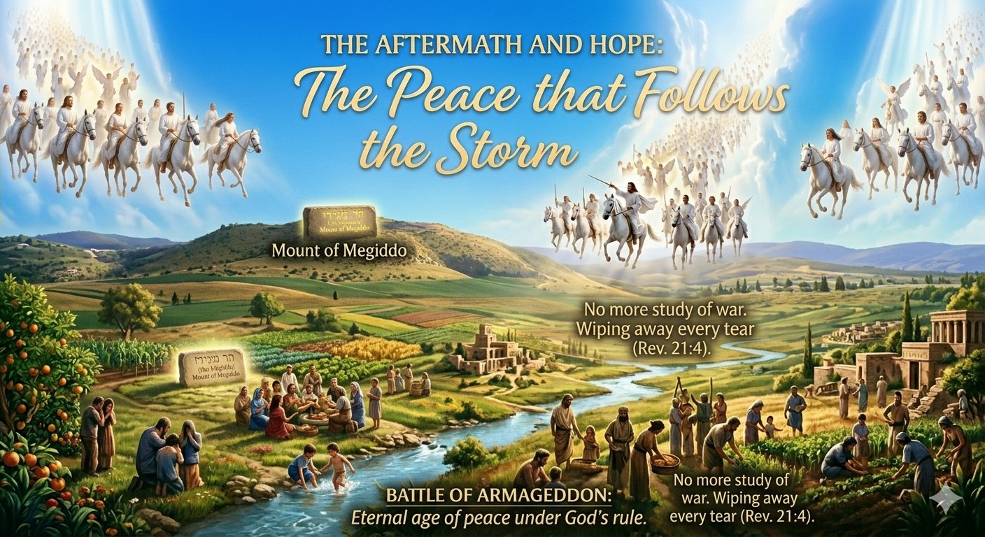 A serene and hopeful illustration depicting the aftermath of the battle of armageddon. The dark, stormy clouds and military elements from previous blocks have completely vanished, replaced by a clear, vibrant sky and a landscape in full restoration. Diverse people are shown living in harmony, tending to lush gardens and a peaceful river. In the background, the Mount of Megiddo is visible, now a symbol of peace rather than war. A soft, divine light bathes the scene, representing God's presence and the fulfillment of Revelation 21:4, where pain and death are no more. A serene and hopeful illustration depicting the aftermath of the battle of armageddon. The dark, stormy clouds and military elements from previous blocks have completely vanished, replaced by a clear, vibrant sky and a landscape in full restoration. Diverse people are shown living in harmony, tending to lush gardens and a peaceful river. In the background, the Mount of Megiddo is visible, now a symbol of peace rather than war. A soft, divine light bathes the scene, representing God's presence and the fulfillment of Revelation 21:4, where pain and death are no more.