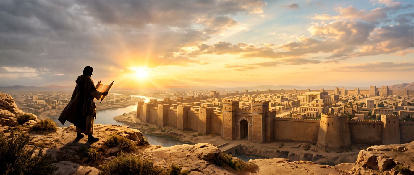 A wide, cinematic landscape view showing a panoramic ancient walled city, resembling Nineveh, positioned at a bend in a wide river at sunrise. In the foreground, standing on a high rocky cliff overlooking the city, is a man wearing a brown robe, seen mostly in profile. He is holding an open scroll and reading it. The golden-hour sun is prominent on the horizon, bathing the entire scene in warm, golden light and casting a beautiful glow on the mud-brick city walls, towers, and buildings. Clouds frame the upper portion of the scene. A wide, cinematic landscape view showing a panoramic ancient walled city, resembling Nineveh, positioned at a bend in a wide river at sunrise. In the foreground, standing on a high rocky cliff overlooking the city, is a man wearing a brown robe, seen mostly in profile. He is holding an open scroll and reading it. The golden-hour sun is prominent on the horizon, bathing the entire scene in warm, golden light and casting a beautiful glow on the mud-brick city walls, towers, and buildings. Clouds frame the upper portion of the scene.