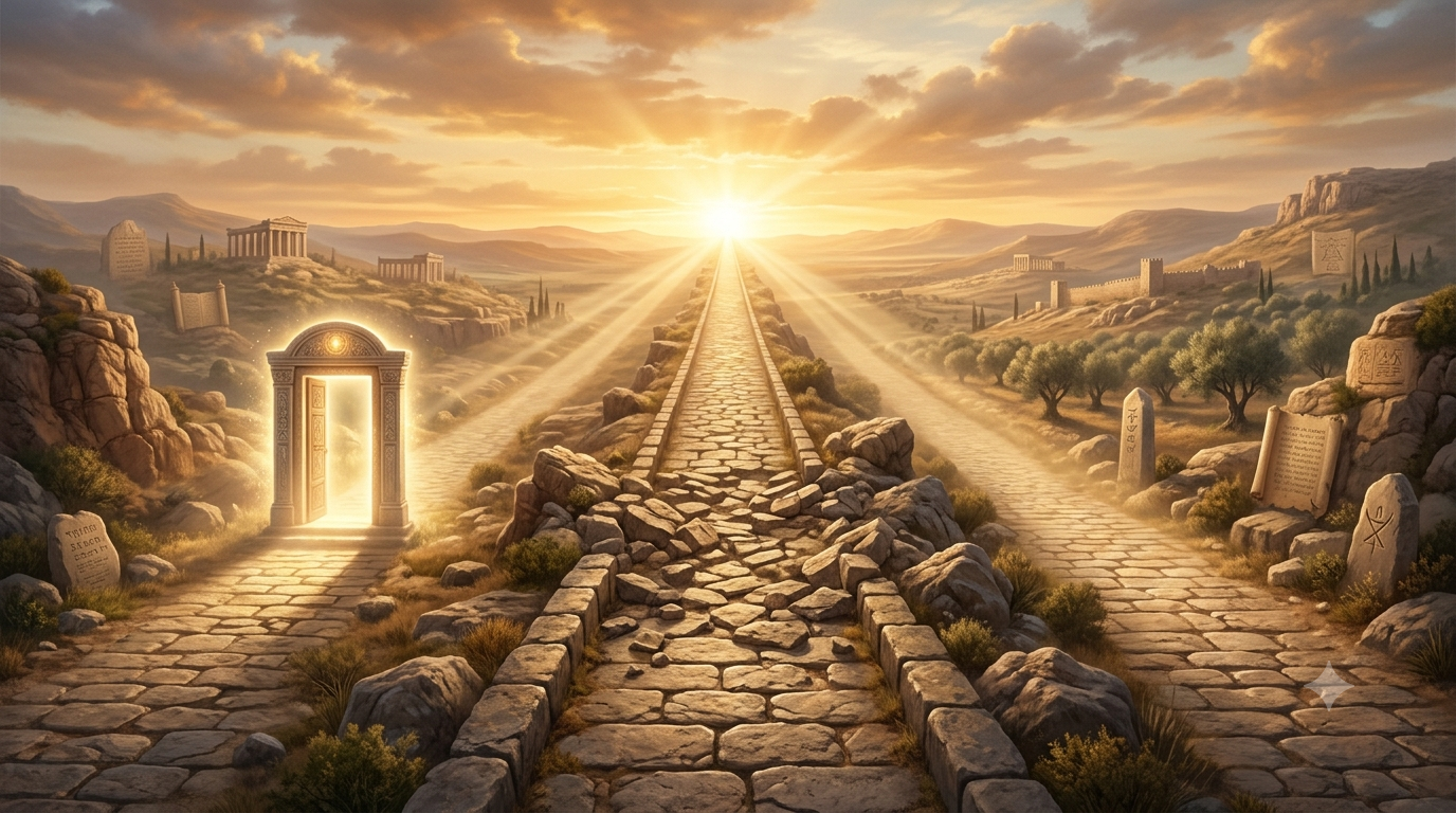 A wide-angle, epic landscape showing a long stone pathway stretching toward a radiant distant sunrise. The pathway is divided into three sections: a glowing ancient doorway on the left, a rugged middle path with loose rocks and scrolls, and a smooth path through olive groves leading to the bright horizon. The warm sunlight casts long beams, emphasizing direction and hope. Ancient ruins, temple silhouettes, and stone markers with faint inscriptions populate the surrounding desert hills, conveying a meaningful and linear journey.