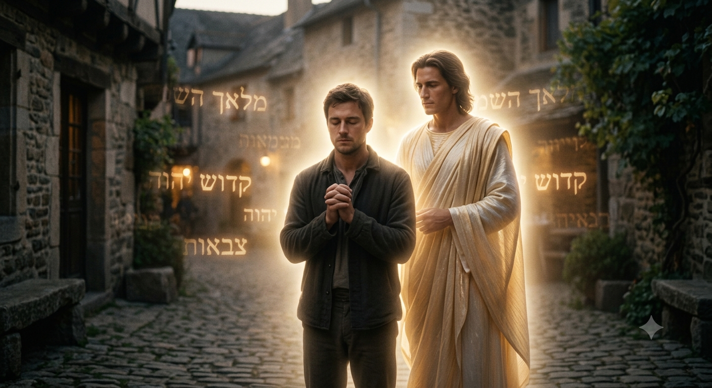 A robed, wingless man with long hair, representing an angel, stands protectively beside a man in a modern jacket with hands clasped in prayer. Both figures are enveloped in a warm, glowing light and surrounded by glowing Hebrew text within an old, cobblestone European-style village street. A robed, wingless man with long hair, representing an angel, stands protectively beside a man in a modern jacket with hands clasped in prayer. Both figures are enveloped in a warm, glowing light and surrounded by glowing Hebrew text within an old, cobblestone European-style village street.