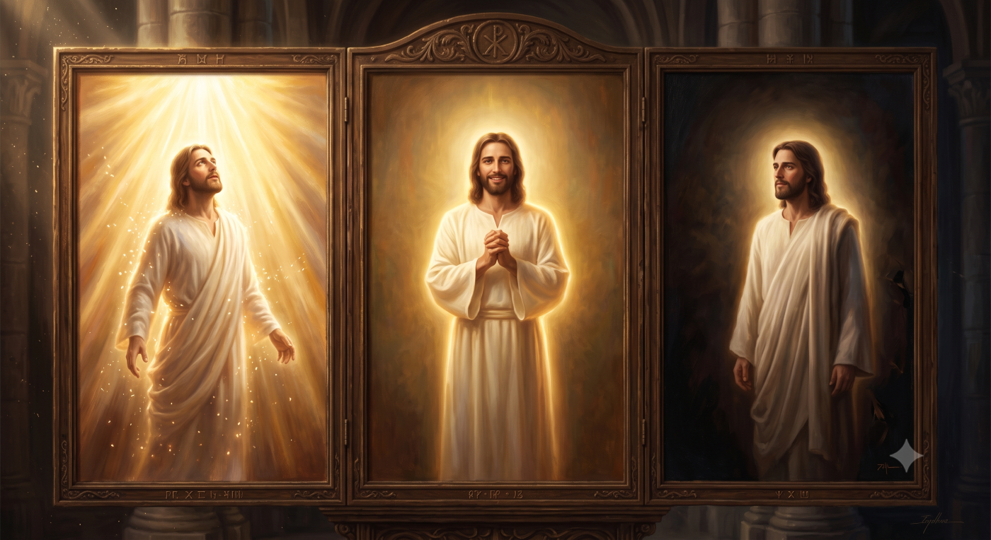 A triptych-style image depicting three aspects of a human-like, wingless angel. The left panel shows the angel's creation and emergence from divine light. The center panel portrays the angel as a spiritual entity with a soft, ethereal glow. The right panel illustrates the angel's limitation, looking out toward darkness beyond the light to symbolize a lack of omniscience. A triptych-style image depicting three aspects of a human-like, wingless angel. The left panel shows the angel's creation and emergence from divine light. The center panel portrays the angel as a spiritual entity with a soft, ethereal glow. The right panel illustrates the angel's limitation, looking out toward darkness beyond the light to symbolize a lack of omniscience.