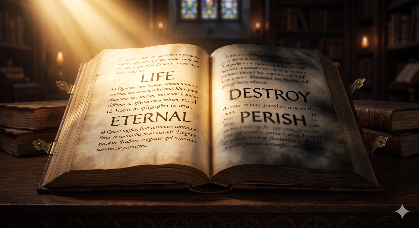 An open Bible with a clear, golden illumination on the page symbolizing eternal life, dramatically contrasted with a shadowed page where the words 'destroy' and 'perish' appear blurred and distorted, representing the misunderstanding behind the doctrine of annihilationism. An open Bible with a clear, golden illumination on the page symbolizing eternal life, dramatically contrasted with a shadowed page where the words 'destroy' and 'perish' appear blurred and distorted, representing the misunderstanding behind the doctrine of annihilationism.