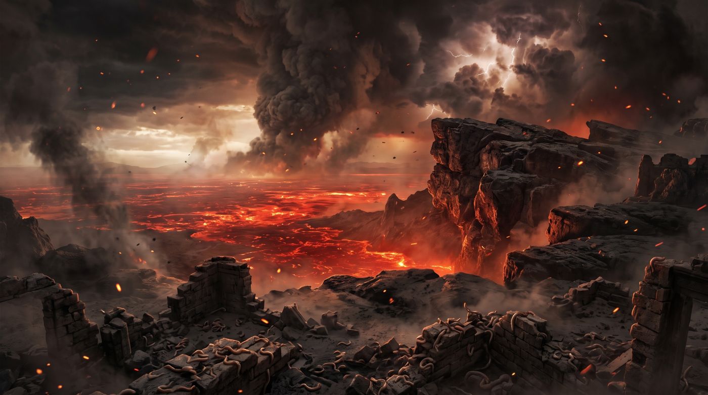 An apocalyptic landscape featuring a glowing Lake of Fire extending to the horizon under dark, smoke-filled skies with lightning. In the foreground, ancient stone ruins are covered with symbolic worms, with a large rocky cliff overlooking the molten terrain. An apocalyptic landscape featuring a glowing Lake of Fire extending to the horizon under dark, smoke-filled skies with lightning. In the foreground, ancient stone ruins are covered with symbolic worms, with a large rocky cliff overlooking the molten terrain.