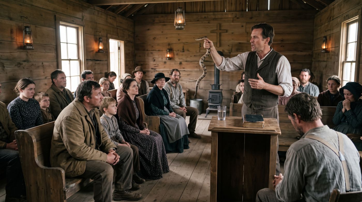 A preacher holding a timber rattlesnake high while addressing a congregation in a small, rustic wooden Appalachian church during an early 1900s worship service.