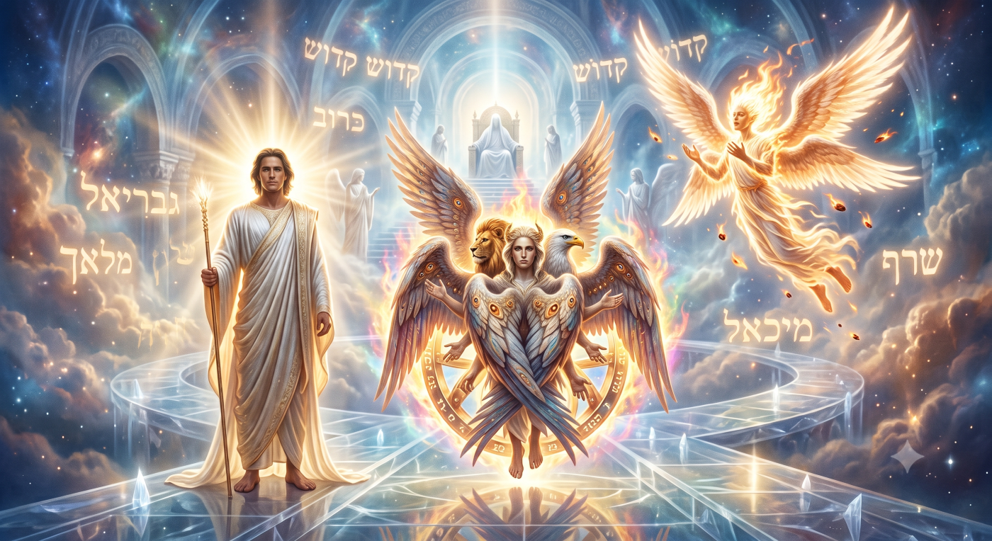 Depiction of three biblical heavenly beings: a human‑like archangel without wings, a multi‑faced cherubim, and a fiery six‑winged seraphim, each shown in radiant divine light. Depiction of three biblical heavenly beings: a human‑like archangel without wings, a multi‑faced cherubim, and a fiery six‑winged seraphim, each shown in radiant divine light.