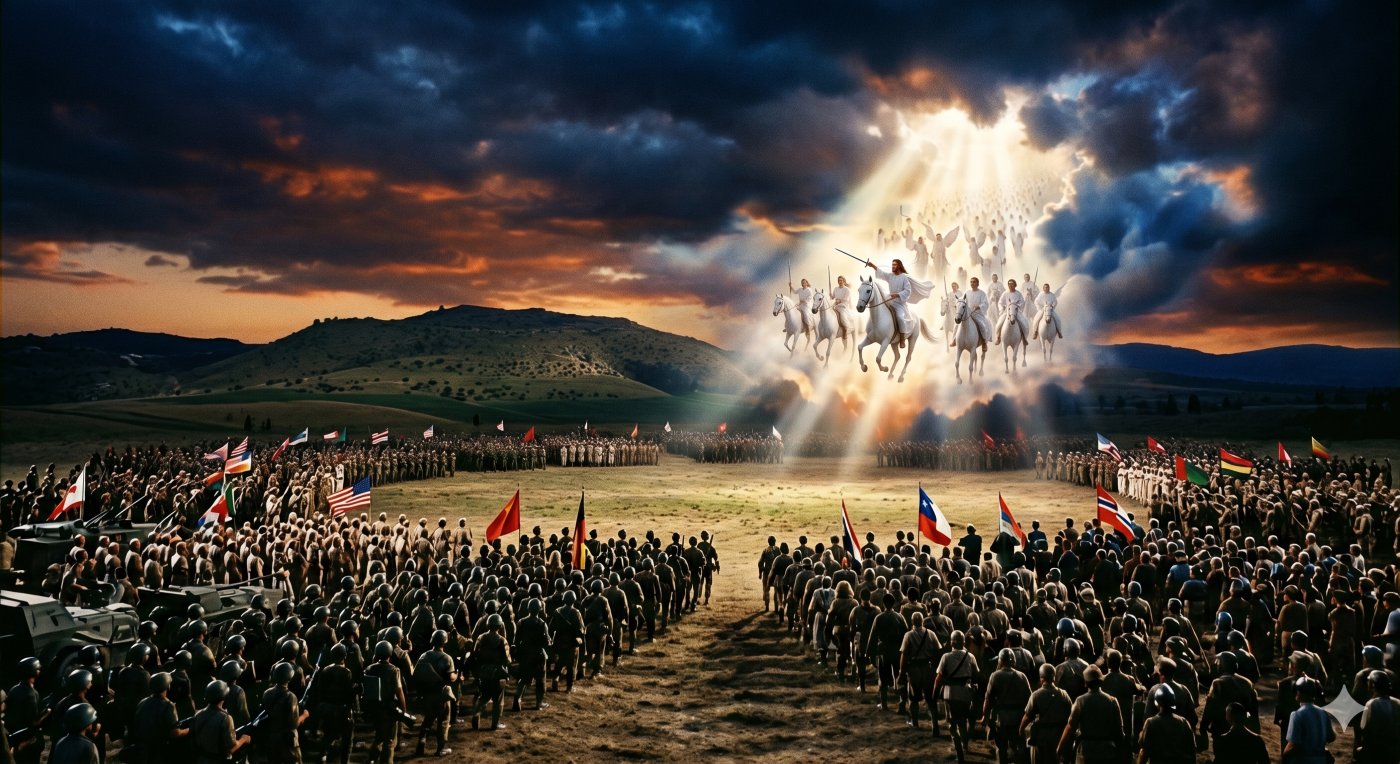 A cinematic illustration of the battle of armageddon showing the nations of the earth gathered in a valley under a stormy sky, contrasted with a divine light breaking through the clouds as Christ and a heavenly army descend on white horses. A cinematic illustration of the battle of armageddon showing the nations of the earth gathered in a valley under a stormy sky, contrasted with a divine light breaking through the clouds as Christ and a heavenly army descend on white horses.