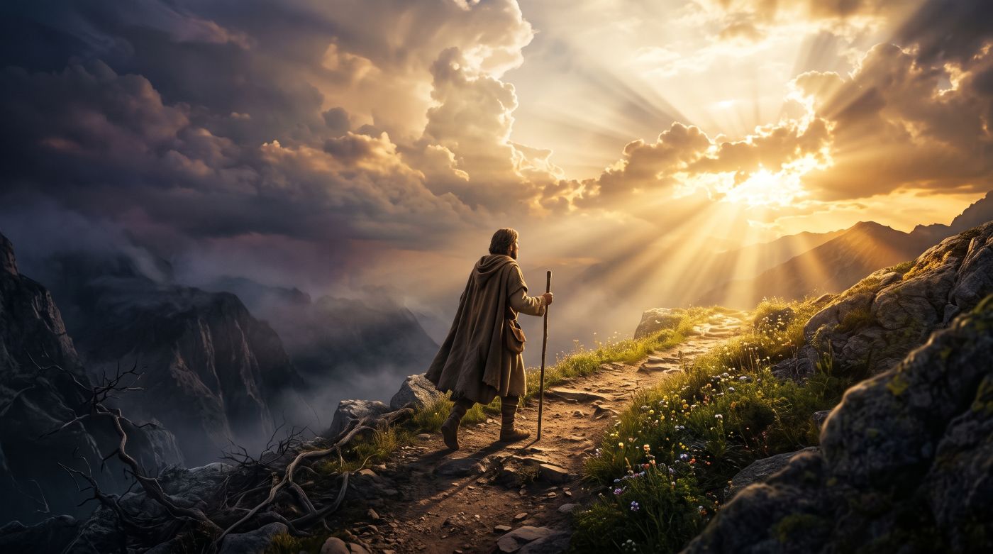 A traveler in a robe carrying a wooden staff walks along a narrow mountain path toward glowing sunlight piercing through golden clouds, leaving dark cliffs and shadow behind. A traveler in a robe carrying a wooden staff walks along a narrow mountain path toward glowing sunlight piercing through golden clouds, leaving dark cliffs and shadow behind.