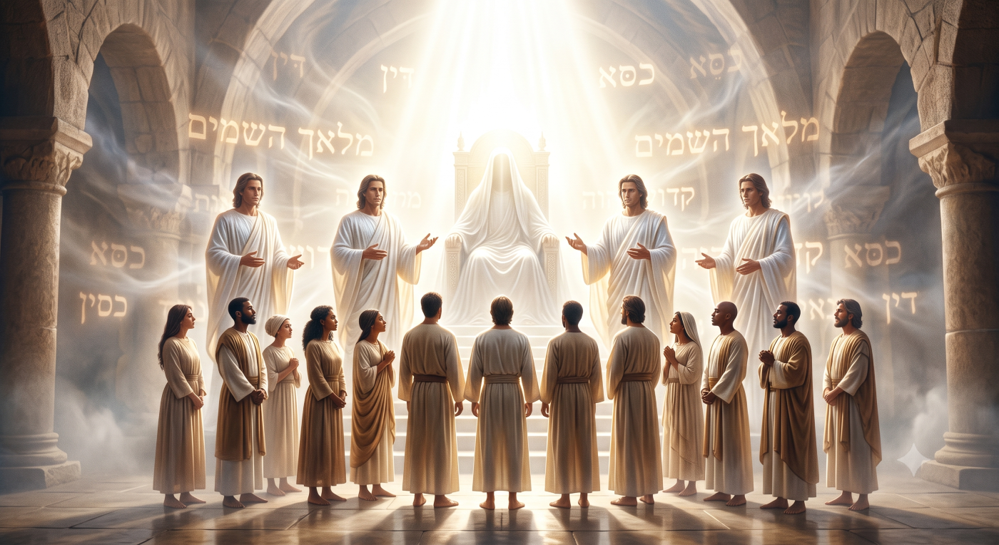A depiction of a solemn and majestic heavenly courtroom. A group of human figures (the saints) stands before wingless, human-like angels who emit a soft, supernatural glow. The scene represents divine authority and the future judgment of angels by believers, as described in scripture. A depiction of a solemn and majestic heavenly courtroom. A group of human figures (the saints) stands before wingless, human-like angels who emit a soft, supernatural glow. The scene represents divine authority and the future judgment of angels by believers, as described in scripture.
