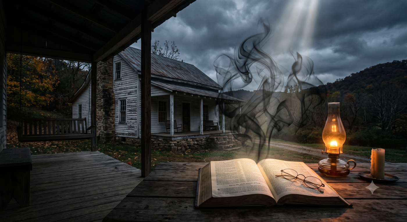 An open Bible resting on a rustic wooden table at twilight in front of an old rural farmhouse, illuminated by a warm lamp glow and a focused beam of light from above, while abstract, mist-like shadows swirl behind it. An open Bible resting on a rustic wooden table at twilight in front of an old rural farmhouse, illuminated by a warm lamp glow and a focused beam of light from above, while abstract, mist-like shadows swirl behind it.