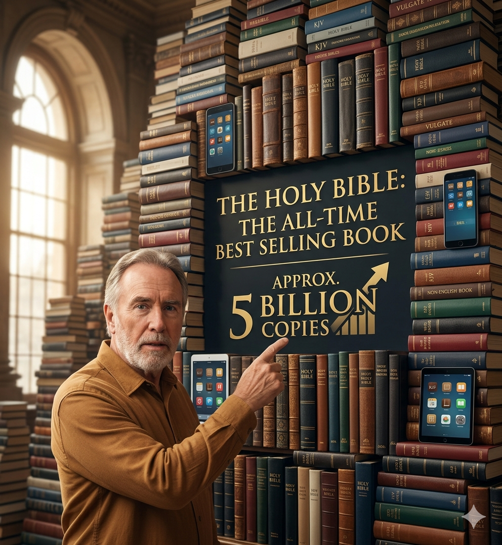 A man in a large library pointing to a central display that reads 'The Holy Bible: The All-Time Best Selling Book - Approx. 5 Billion Copies.' The display is surrounded by hundreds of stacked physical Bibles in various languages and several tablets showing digital Bible applications.