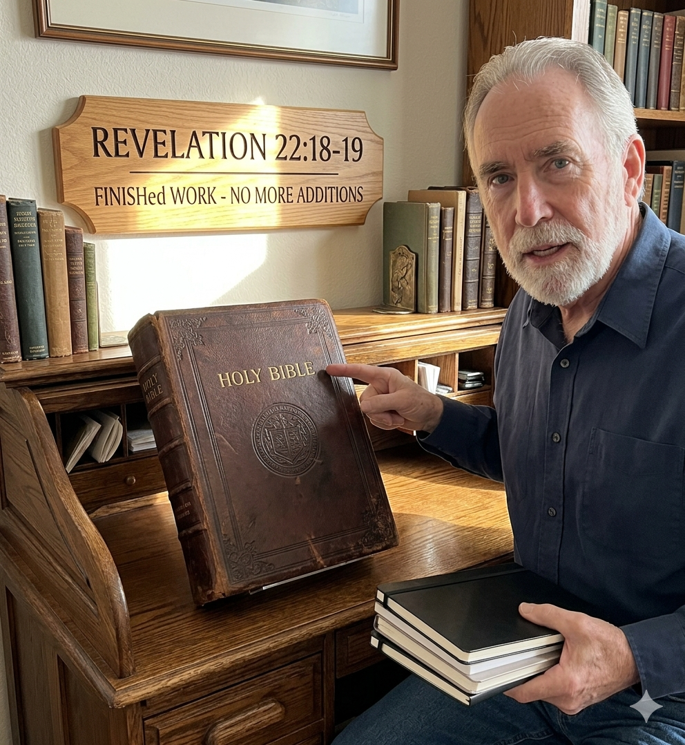 A conceptual image illustrating the completed Bible. A man in a study points to a large, closed leather-bound Bible that is secured with a visible, stylized seal, while a decorative wall plaque behind him displays the text of Revelation 22:18-19.
