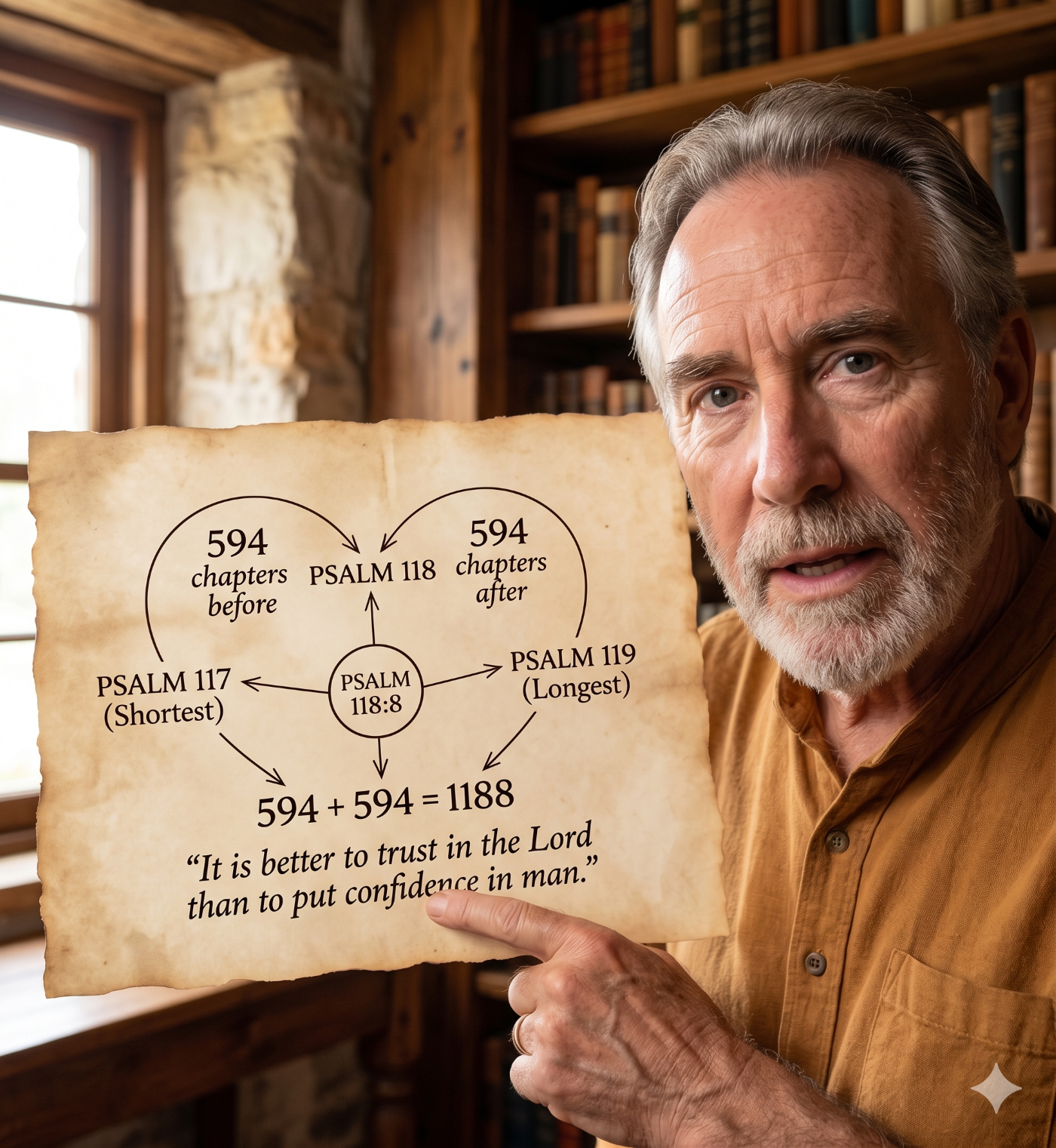 An infographic held by a man in a library showing the mathematical center of the Bible. It illustrates that Psalm 118:8 sits between the shortest chapter (Psalm 117) and the longest chapter (Psalm 119), with 594 chapters on either side totaling 1188.