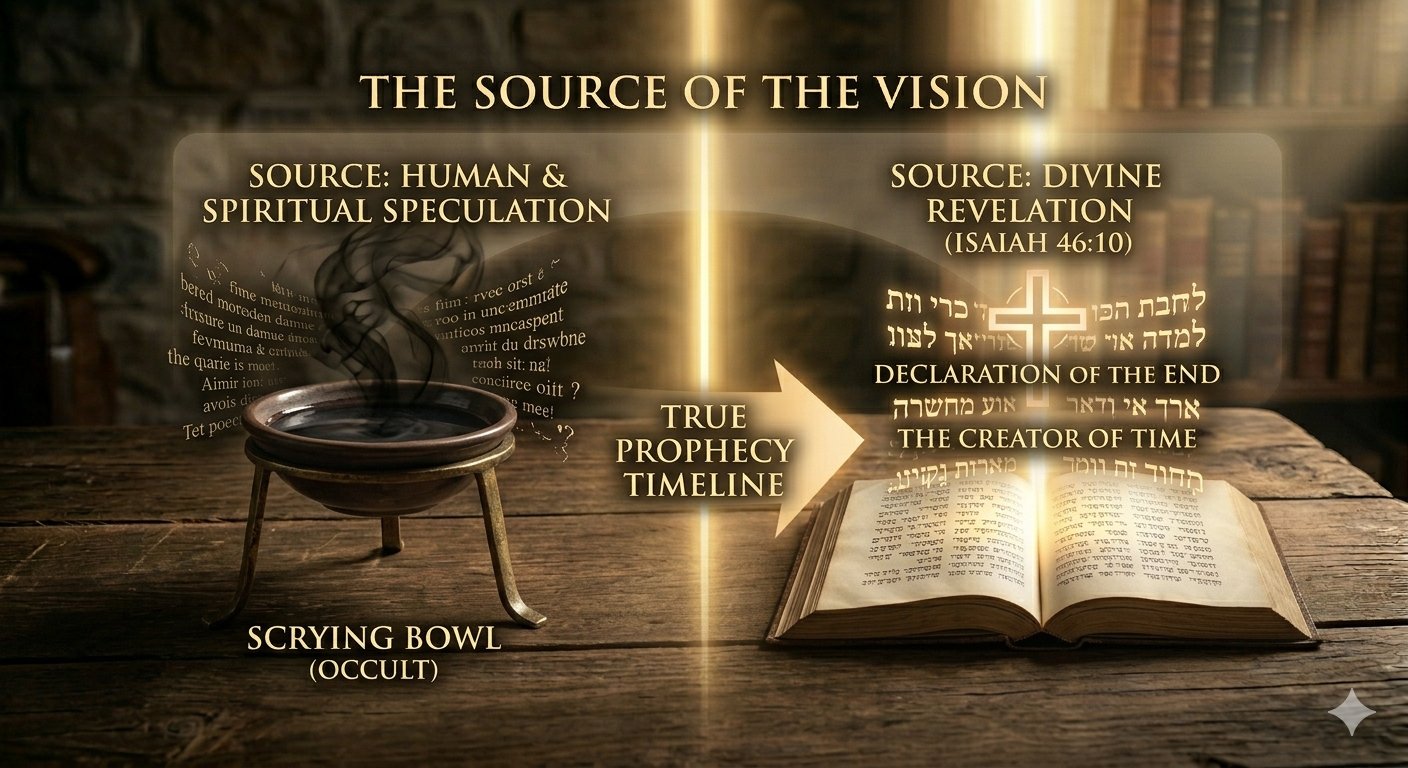 An atmospheric illustration in an antique library setting showing a split scene: a shadowy, dark tripod and scrying bowl (representing occult human speculation) on the left, and a powerful vertical column of golden light rising from an open Bible (representing divine declaration and true prophecy) on the right