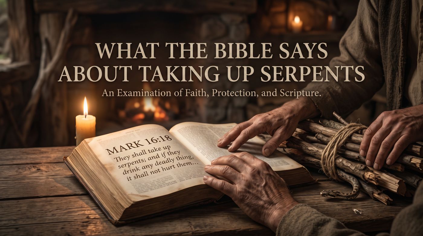 An open Bible resting on a rustic wooden table illuminated by candlelight, displaying Mark 16:18, alongside a bundle of sticks with a small snake and the headline "What the Bible Says About Taking Up Serpents.