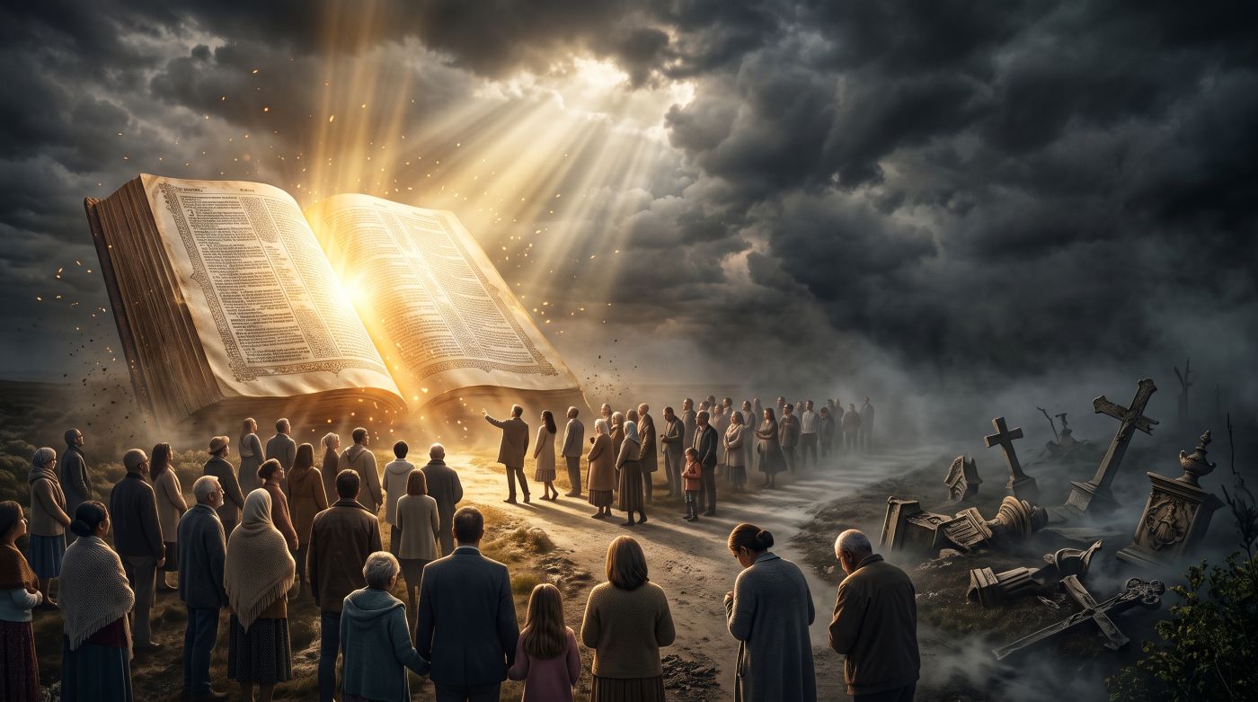 A dramatic, epic image of a church congregation standing at a crossroads. On the left, a giant open Bible glows with brilliant radiant light under breaking storm clouds. On the right, dark mist shrouds shattered, broken religious symbols, visually representing biblical truth versus false doctrine. A dramatic, epic image of a church congregation standing at a crossroads. On the left, a giant open Bible glows with brilliant radiant light under breaking storm clouds. On the right, dark mist shrouds shattered, broken religious symbols, visually representing biblical truth versus false doctrine.