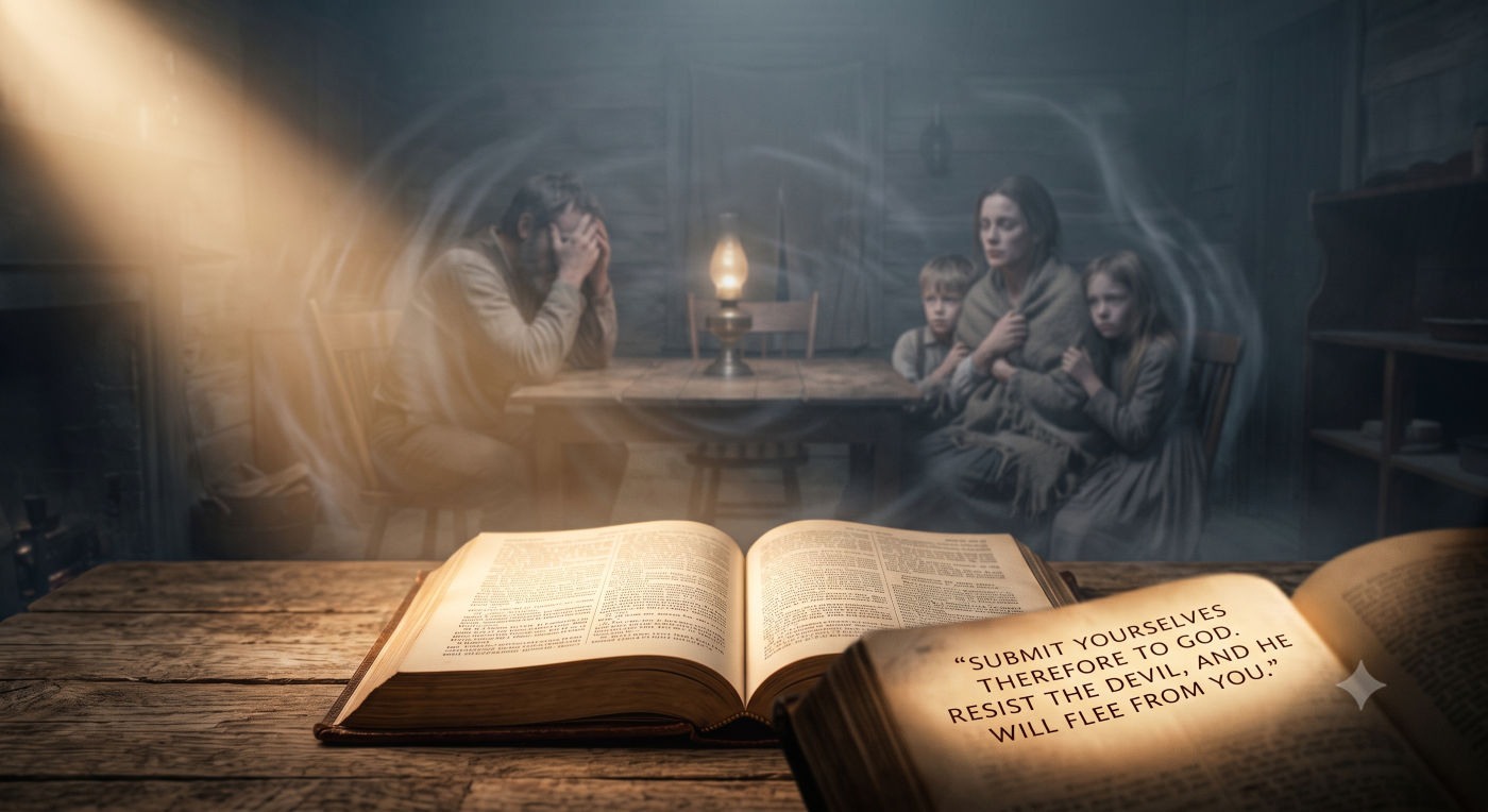 An open Bible rests on a rustic wooden table with a light beam illuminating a passage that reads, '“SUBMIT YOURSELVES THEREFORE TO GOD. RESIST THE DEVIL, AND HE WILL FLEE FROM YOU.”' In the dimly lit background, a man, a woman, and two children sit at a separate table, looking distressed as smoky, ghost-like figures swirl around them. An open Bible rests on a rustic wooden table with a light beam illuminating a passage that reads, '“SUBMIT YOURSELVES THEREFORE TO GOD. RESIST THE DEVIL, AND HE WILL FLEE FROM YOU.”' In the dimly lit background, a man, a woman, and two children sit at a separate table, looking distressed as smoky, ghost-like figures swirl around them.