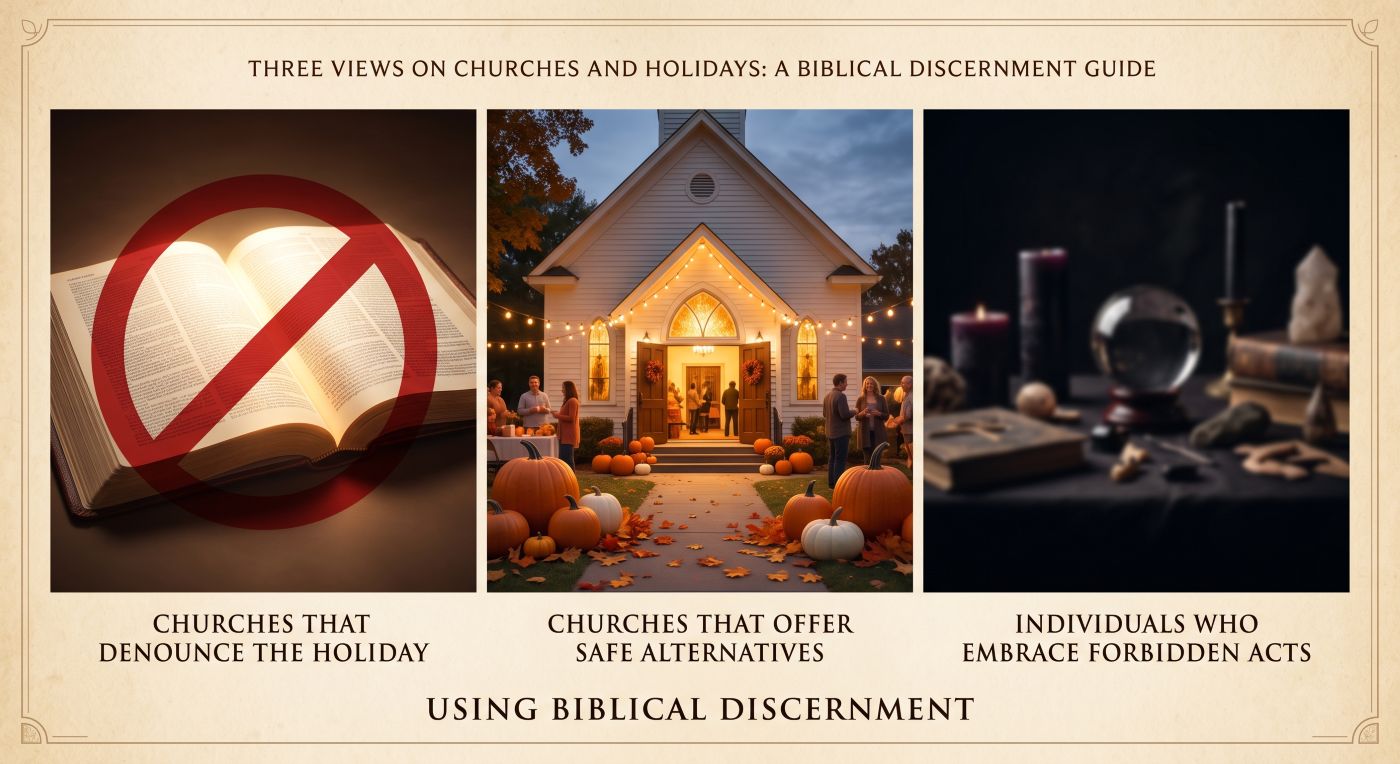 An informational infographic chart titled 'THREE VIEWS ON CHURCHES AND HOLIDAYS: A BIBLICAL DISCERNMENT GUIDE.' It features three side-by-side images. Left: An open Bible with a red 'prohibition' slash, labeled 'CHURCHES THAT DENOUNCE THE HOLIDAY.' Center: A welcoming church building at dusk decorated with autumn leaves and string lights, labeled 'CHURCHES THAT OFFER SAFE ALTERNATIVES.' Right: A dark, out-of-focus scene of candles, a crystal ball, and books, labeled 'INDIVIDUALS WHO EMBRACE FORBIDDEN ACTS.' Below the three panels is the text: 'USING BIBLICAL DISCERNMENT. An informational infographic chart titled 'THREE VIEWS ON CHURCHES AND HOLIDAYS: A BIBLICAL DISCERNMENT GUIDE.' It features three side-by-side images. Left: An open Bible with a red 'prohibition' slash, labeled 'CHURCHES THAT DENOUNCE THE HOLIDAY.' Center: A welcoming church building at dusk decorated with autumn leaves and string lights, labeled 'CHURCHES THAT OFFER SAFE ALTERNATIVES.' Right: A dark, out-of-focus scene of candles, a crystal ball, and books, labeled 'INDIVIDUALS WHO EMBRACE FORBIDDEN ACTS.' Below the three panels is the text: 'USING BIBLICAL DISCERNMENT.