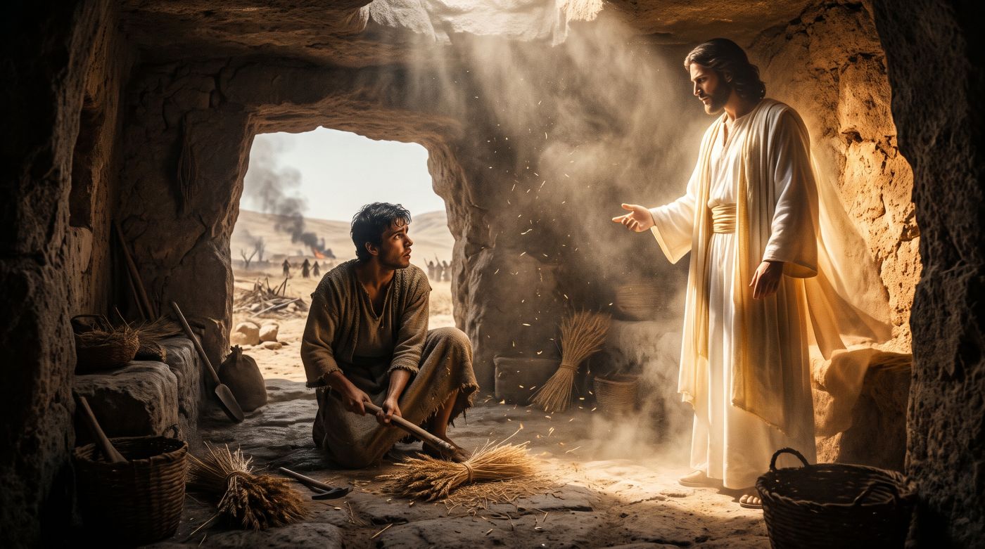 Young Gideon threshing wheat inside a underground stone winepress while looking cautiously toward the entrance, as the radiant Angel of the Lord stands beside him bathed in divine heavenly light Young Gideon threshing wheat inside a underground stone winepress while looking cautiously toward the entrance, as the radiant Angel of the Lord stands beside him bathed in divine heavenly light