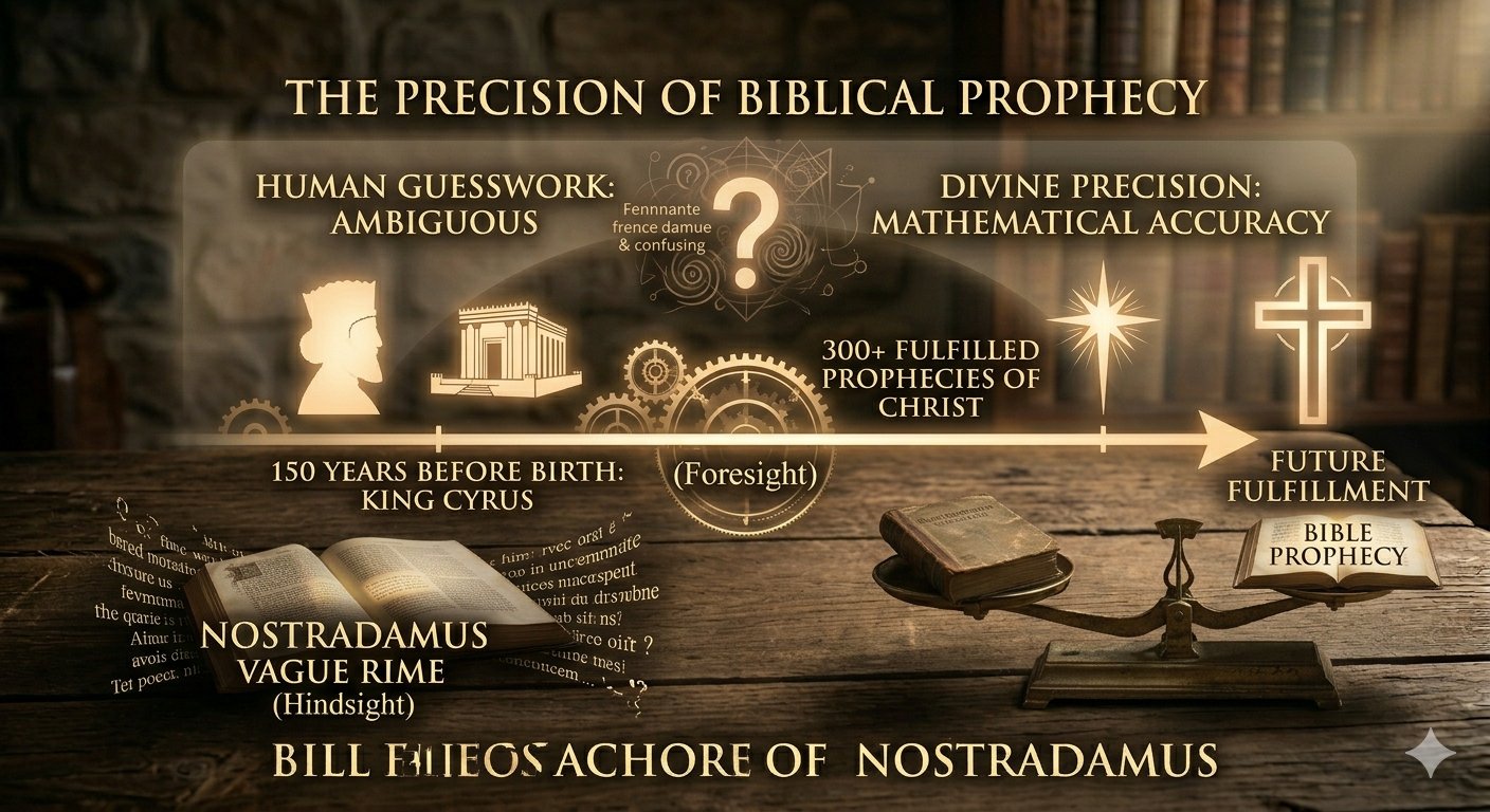 An atmospheric illustration in an antique library showing a large, glowing, multi-layered golden timeline (representing the mathematical precision of biblical prophecy) highlighting specific events like King Cyrus's decree and the arrival of the Messiah, contrasting with a shadowy, fragmented question mark (representing the ambiguity of Nostradamus quatrains)