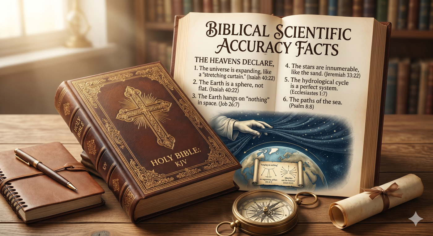 An ornate infographic illustration from anunseenworld.com, titled "BIBLICAL SCIENTIFIC ACCURACY FACTS." The central open book with a calligraphic cross details the "THE HEAVENS DECLARE" section, listing biblical insights into astronomy. Left page points: 1. "The universe is expanding... (Isaiah 40:22)," 2. "The Earth is a sphere... (Isaiah 40:22)," and 3. "The Earth hangs on 'nothing' in space. (Job 26:7)." The corresponding illustration shows a divine hand pulling a curtain over a starfield, with a spherical Earth suspended below and a parchment with "no supporting pillars" (Job 26:7) and "stretches out the heavens" (Isaiah 40:22). Other scientific facts are bulleted on the right page. Ancient navigational tools like a brass compass and a quill rest on the wooden table.