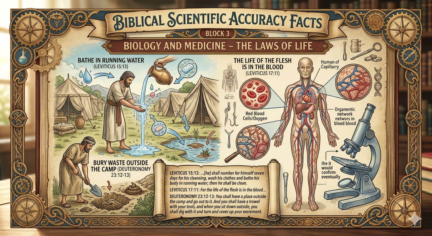 An educational infographic from anunseenworld.com titled "BIBLICAL SCIENTIFIC ACCURACY FACTS," specifically focusing on Block 4: "BIOLOGY AND MEDICINE – THE LAWS OF LIFE." The graphic is divided into three instructional scenes:  Sanitation: An illustration of a man washing his hands in a stream of "running water" from a pitcher (Leviticus 15:13) and another man burying waste outside a camp with a trowel (Deuteronomy 23:12-13).  Hematology: A detailed anatomical diagram of the human circulatory system with magnified callouts showing red blood cells and oxygen transport, captioned "THE LIFE OF THE FLESH IS IN THE BLOOD (Leviticus 17:11)."  Microscopy: A modern microscope positioned next to a DNA double helix, symbolizing the eventual scientific confirmation of these ancient laws. The bottom contains a parchment scroll with the full text of the referenced scriptures.