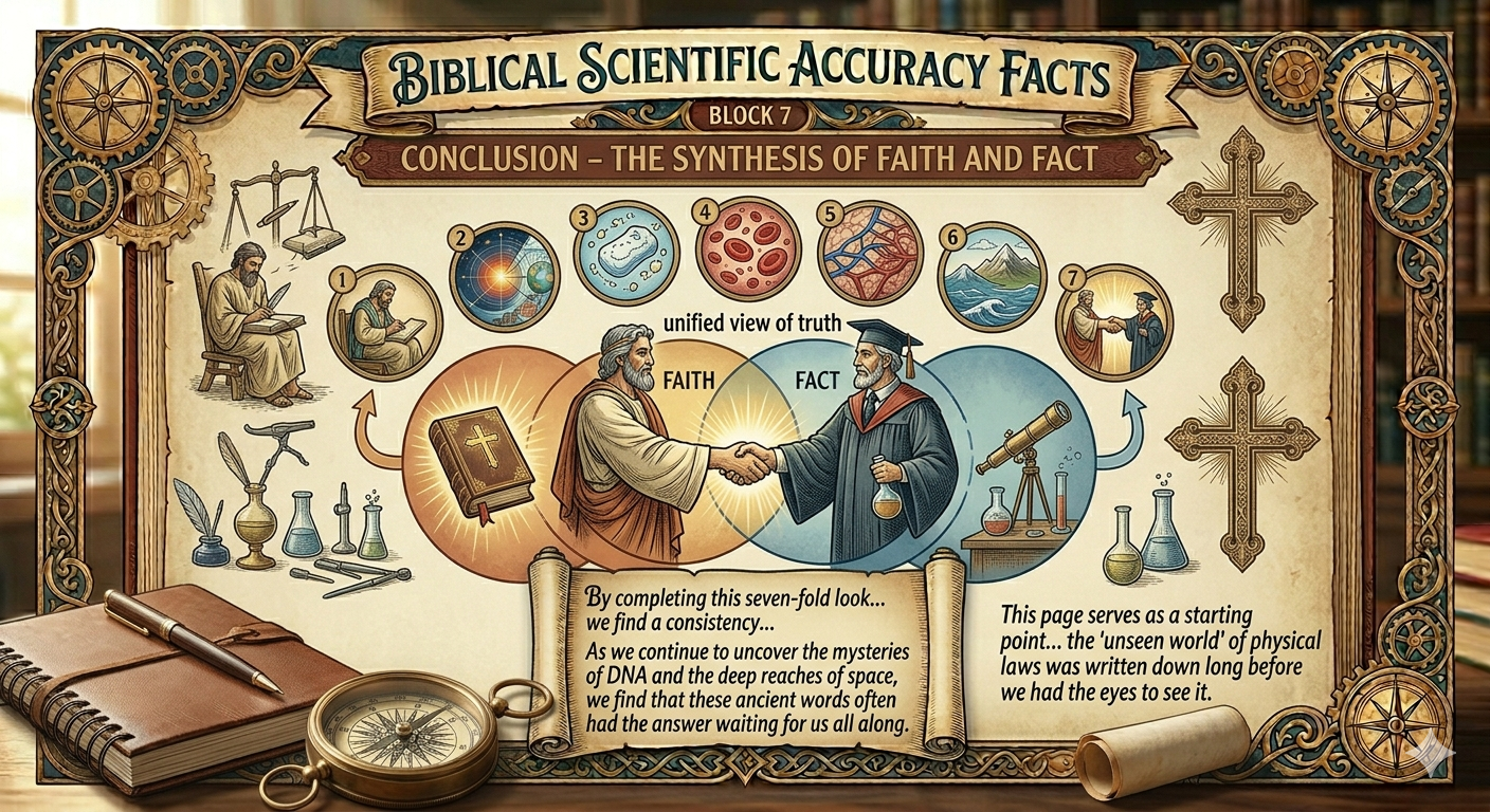 A comprehensive summary infographic from anunseenworld.com titled "BIBLICAL SCIENTIFIC ACCURACY FACTS," illustrating Block 7: "CONCLUSION – THE SYNTHESIS OF FAITH AND FACT." The central focus is a Venn diagram labeled "Faith" and "Fact," where an ancient scribe and a modern scientist shake hands within the overlapping "unified view of truth" section. Above them, seven circular icons represent the previous content blocks: 1. Introduction, 2. Astronomy, 3. Hydrology, 4. Biology, 5. Thermodynamics, 6. Geology, and 7. The Final Synthesis. An open scroll at the bottom summarizes that the "unseen world" of physical laws was recorded in scripture long before modern observation. The background includes a telescope, laboratory flasks, a Holy Bible, and ornate crosses, symbolizing the harmony between spiritual and scientific exploration.