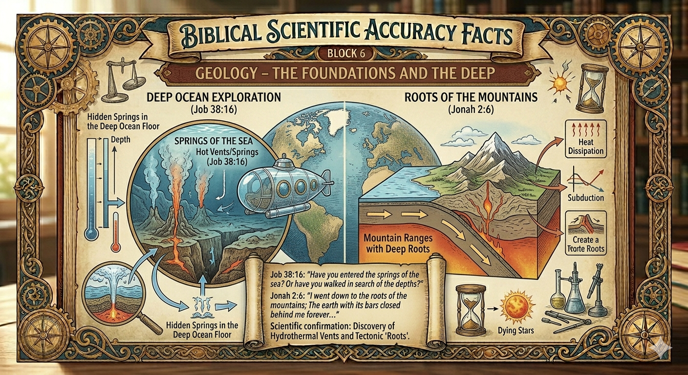 An educational infographic from anunseenworld.com titled "BIBLICAL SCIENTIFIC ACCURACY FACTS," illustrating Block 6: "GEOLOGY – THE FOUNDATIONS AND THE DEEP." The graphic is divided into two primary geological discoveries:  Deep Ocean Exploration: An illustration of a submersible vehicle discovering hydrothermal "Springs of the Sea" and hot vents on the dark ocean floor, referencing Job 38:16.  Roots of the Mountains: A cross-section diagram of the Earth's crust showing tectonic plate subduction and mountain ranges with deep "roots" extending into the mantle, referencing Jonah 2:6. The bottom features an open scroll with the full scripture text and a note regarding scientific confirmation via the discovery of hydrothermal vents and tectonic roots. The scene is framed by an ornate border with ancient compasses and gears.